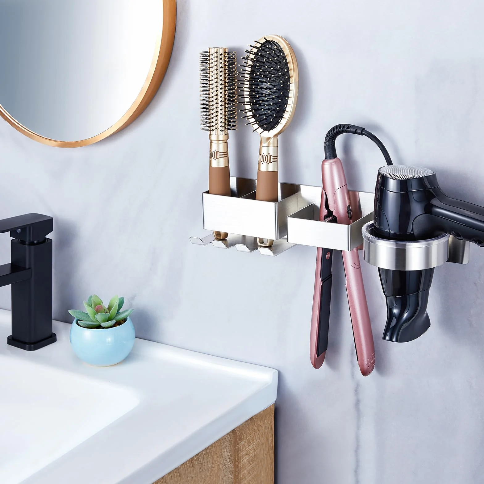 YYBO Porta Phon e Piastra Adesivo, Porta Phone Bagno da Muro, Porta Asciugacapelli Senza Foratura, Porta Piastra per Capelli, Supporto asciugacapelli per Barbiere e Hotel (Argento)
