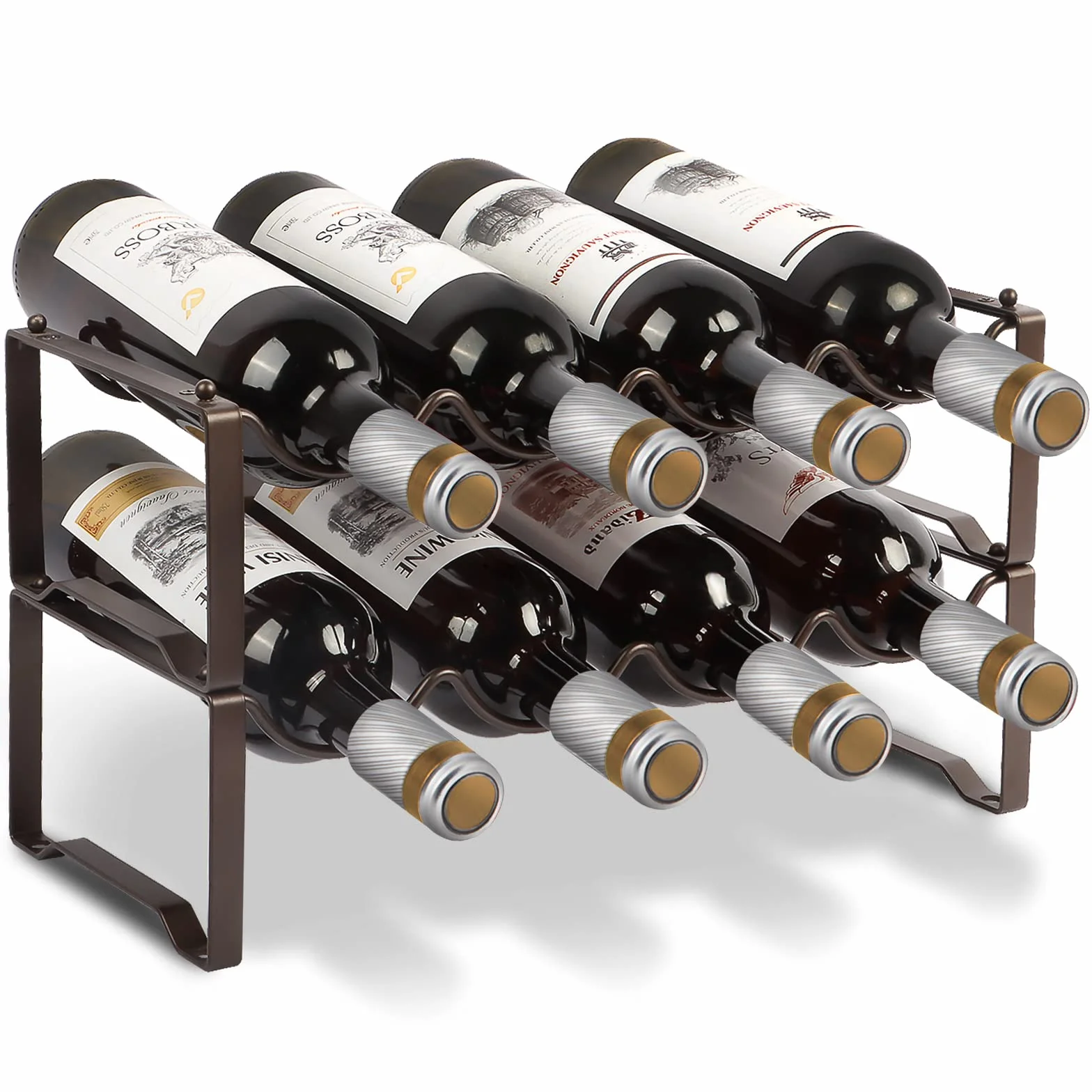 Scaffale per bottiglie in metallo, impilabile, portabottiglie per 8 bottiglie per cantina, bar e magazzino, Wine Rack stabile modulare espansibile per bottiglie e conservazione del vino (2 livelli)