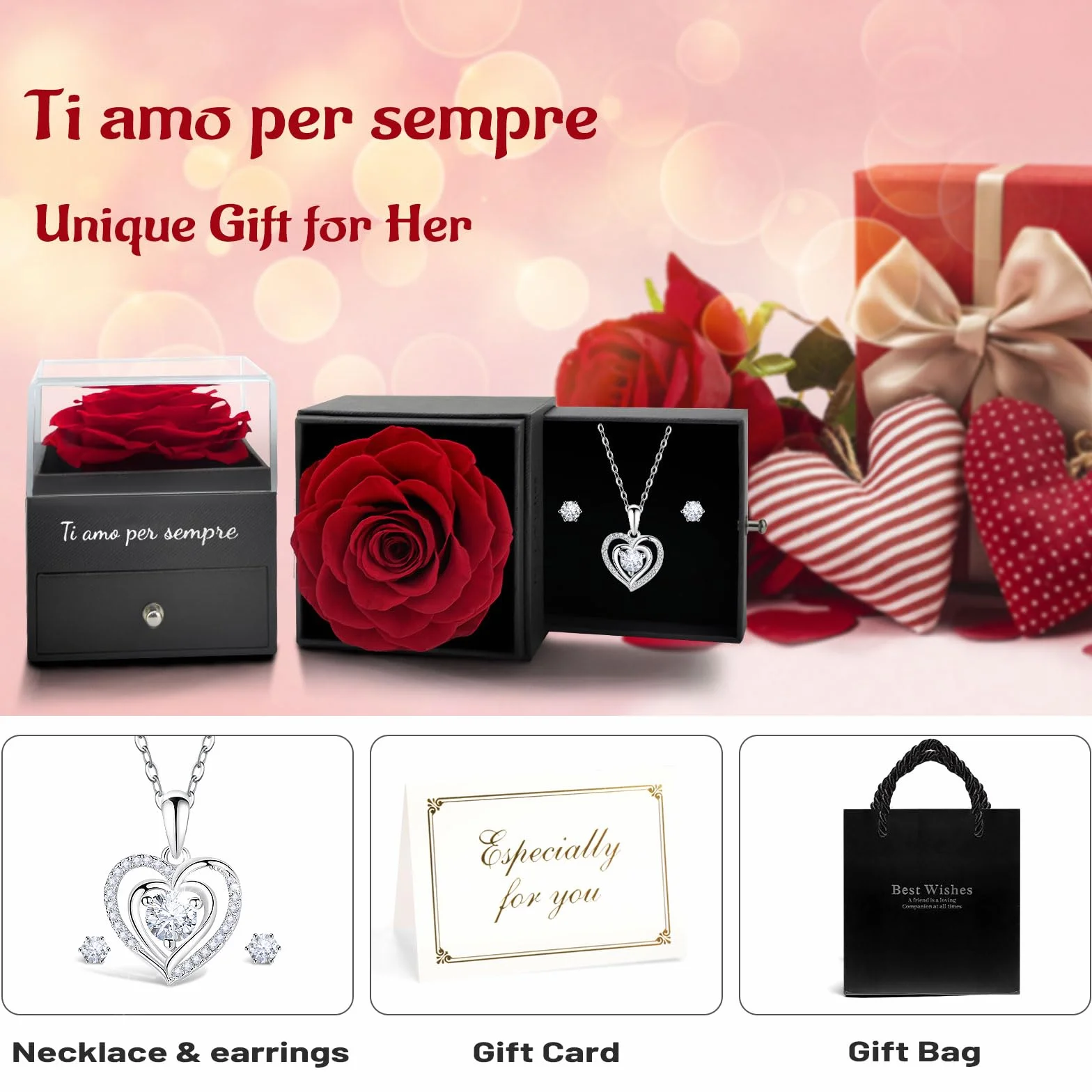 Yamonic Rosa Eterna Regalo Donna Rosa Stabilizzata Collana Argento 925