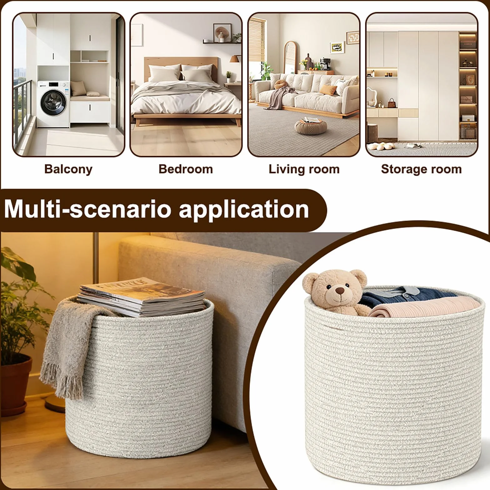 Cesto Portabiancheria in Corda di Cotone 40x35 cm con Manici, Organizzatore per Giocattoli, Abiti, Coperte (Beige)
