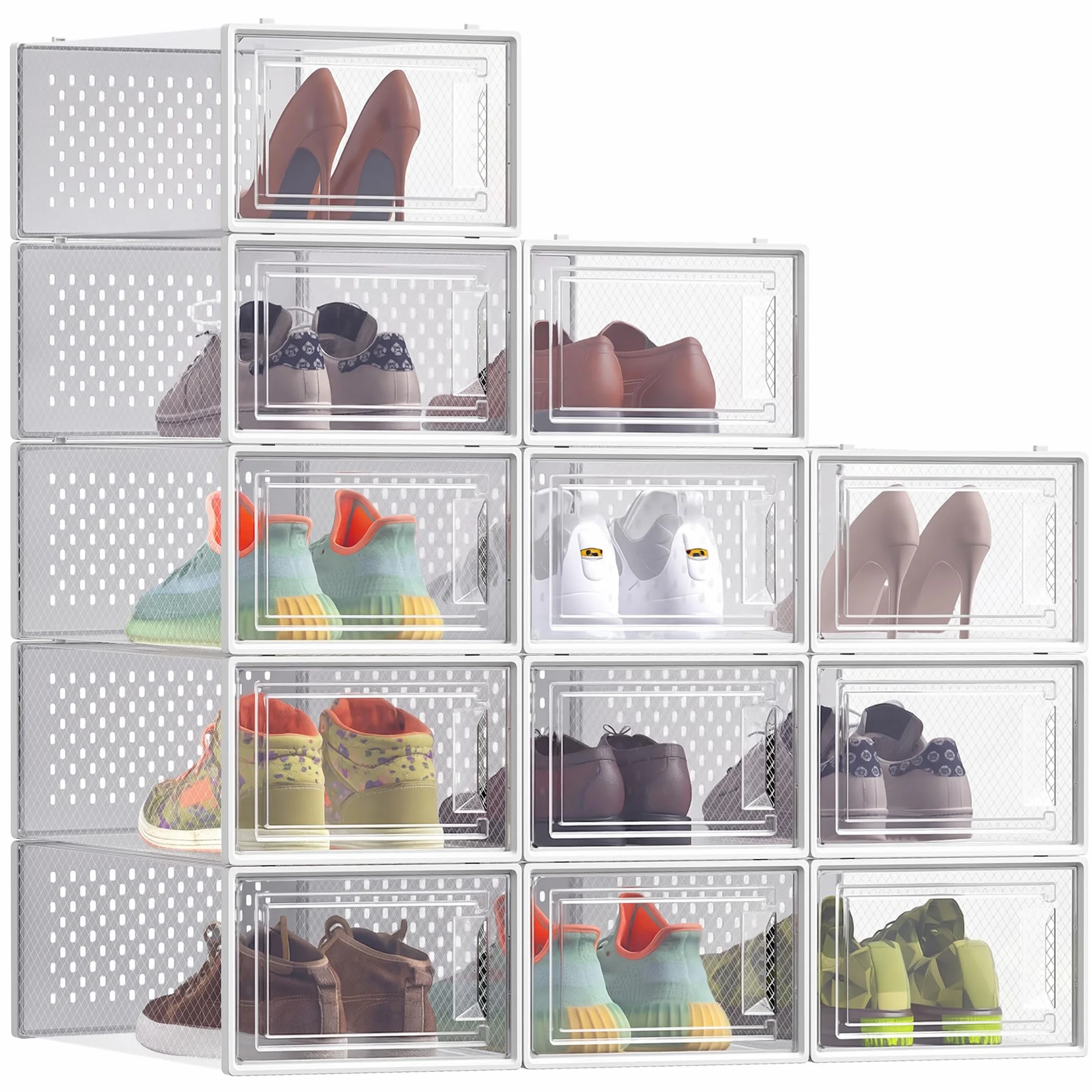 SONGMICS Scatole per Scarpe Pieghevoli e Impilabili Set di 12 Trasparente Bianco Nuvola LSP066W12