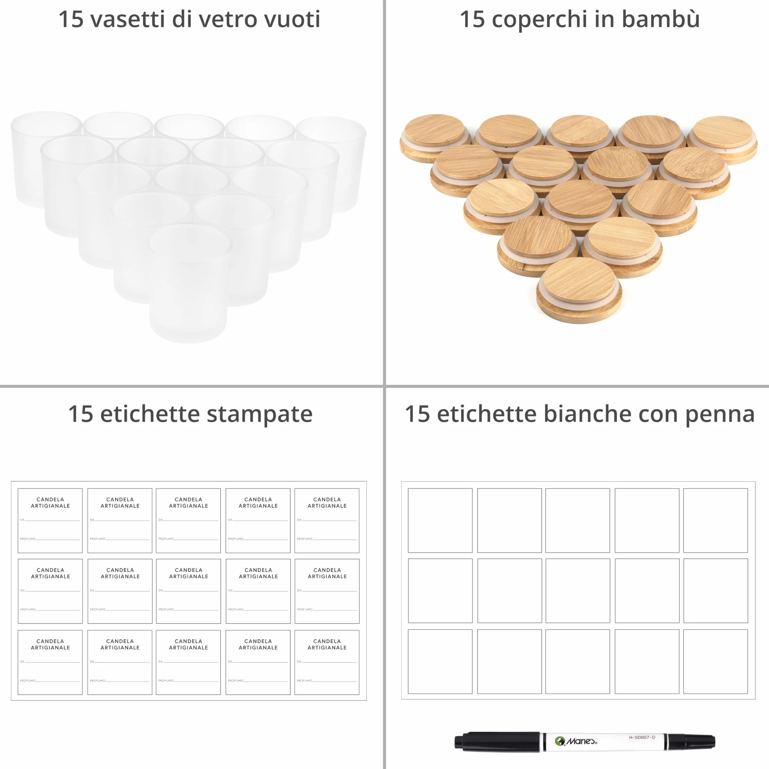 Barattoli Vetro con Coperchio 170 ml Set di 15 - Contenitori Vetro Smerigliati per Candele Fai da Te