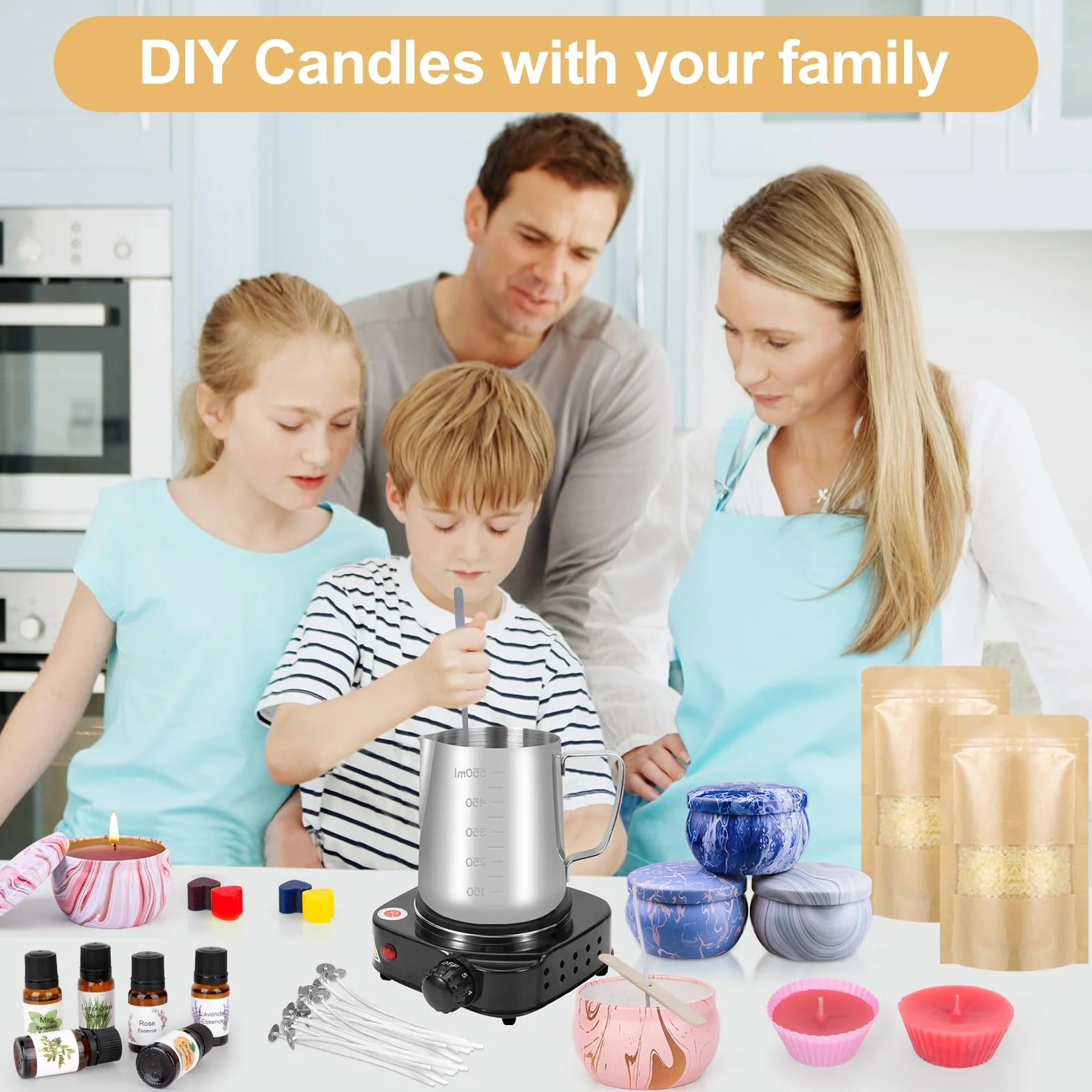 Set di Candele Fai da Te, Kit per Adulti, Cera di Soia 480g, 9 Barattoli, 6 Oli Profumati, 8 Blocchi di Colore, Regalo per Principianti