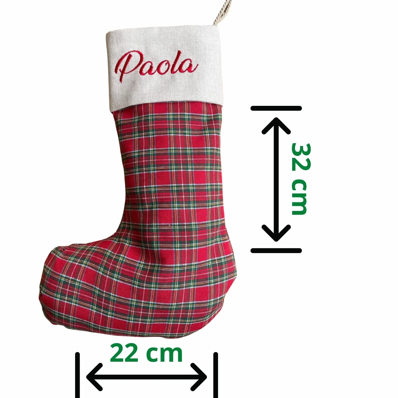 Calza Befana Personalizzata con Nome Ricamato – Calza Natalizia Artigianale in Tartan Rosso