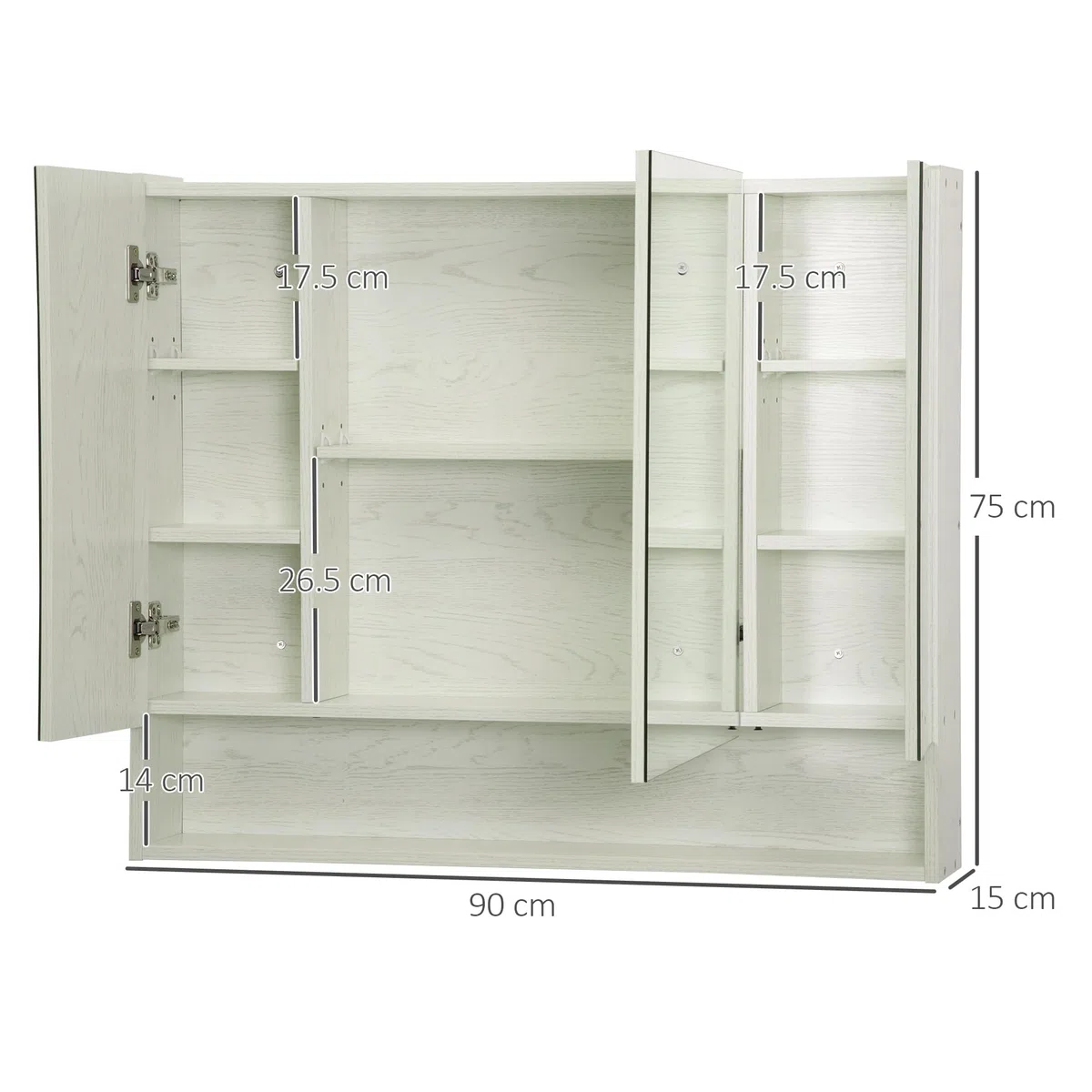 kleankin Specchio Bagno Contenitore con 3 Ante Soft Close, 90x15x75 cm Mobile Bagno con Specchio, Ripiani Regolabili, Scomparto Aperto, Mobilettto Bagno da Parete Salvaspazio in Vetro, Effetto Legno