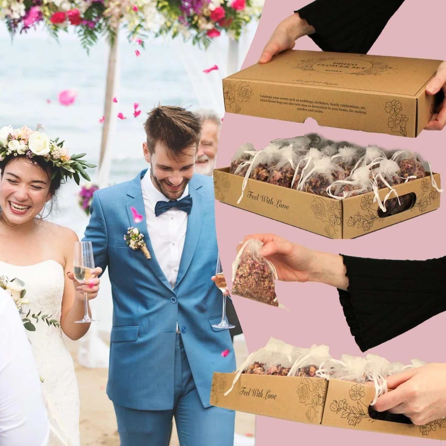 CULTIVEA Vassoio 36 sacchetti fiori secchi naturali Rose Decorazione matrimonio Coriandoli Petali rosa essiccati