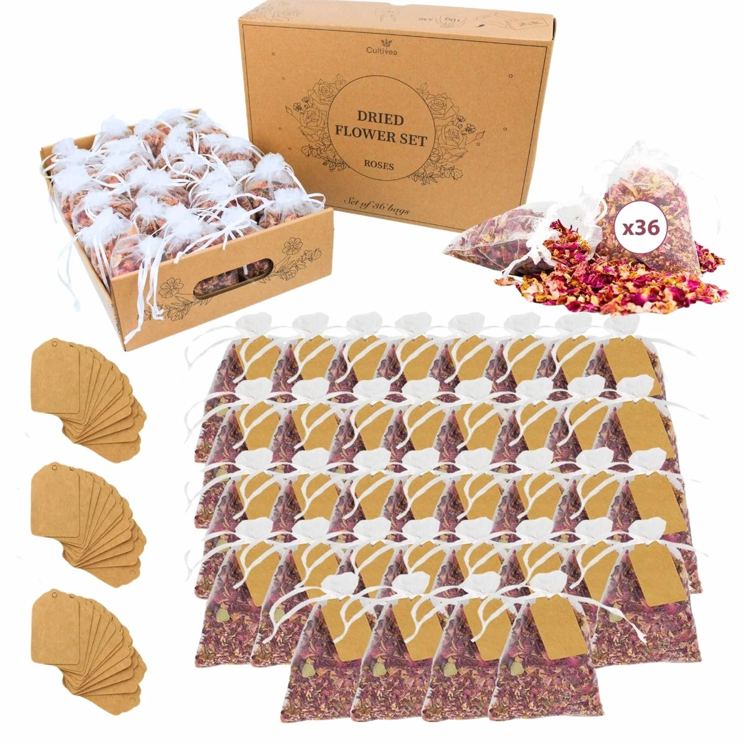 CULTIVEA Vassoio 36 sacchetti fiori secchi naturali Rose Decorazione matrimonio Coriandoli Petali rosa essiccati