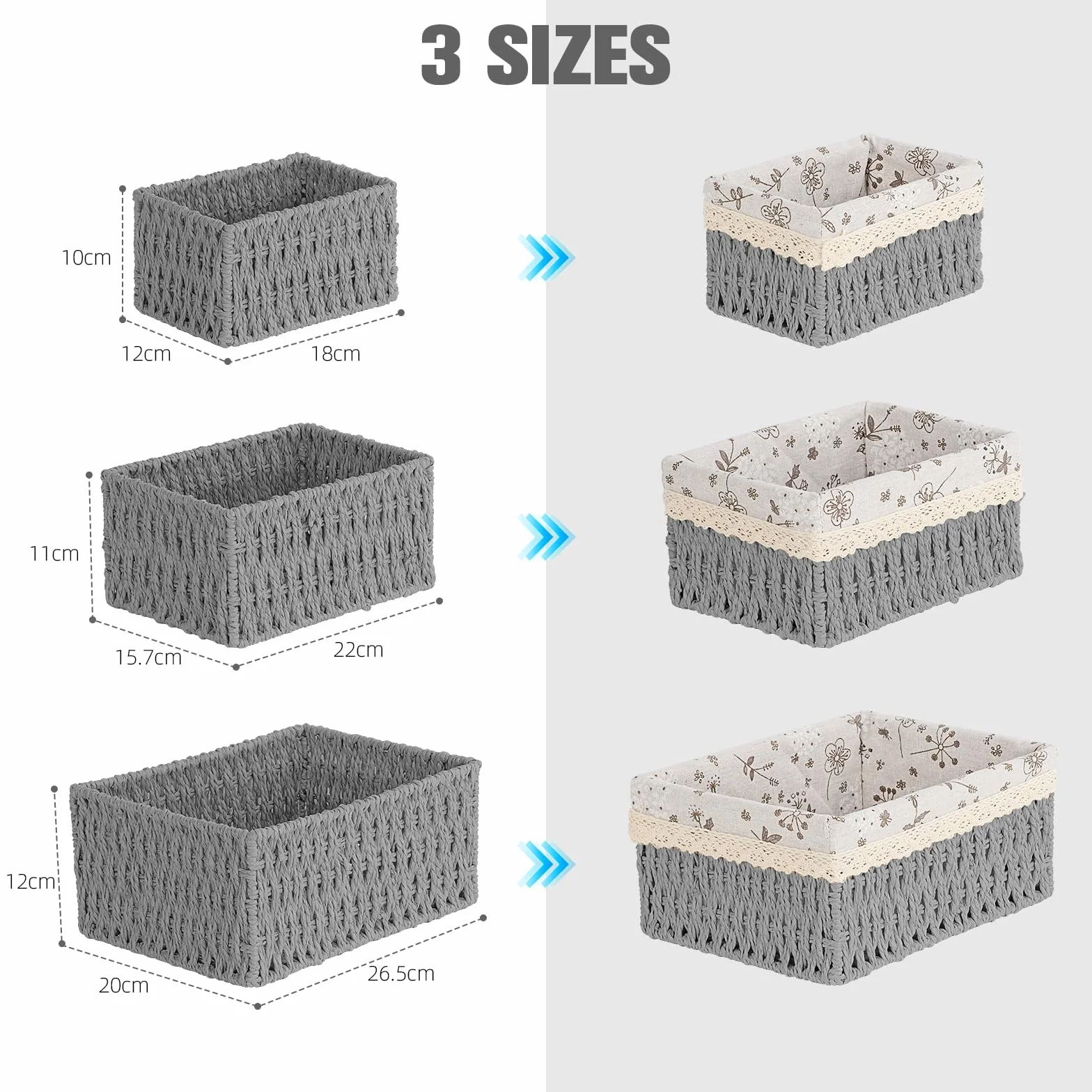Cestini Portaoggetti Set di 3 Cesto Porta Giocattoli Cestino da Bagno Vimini Grigio