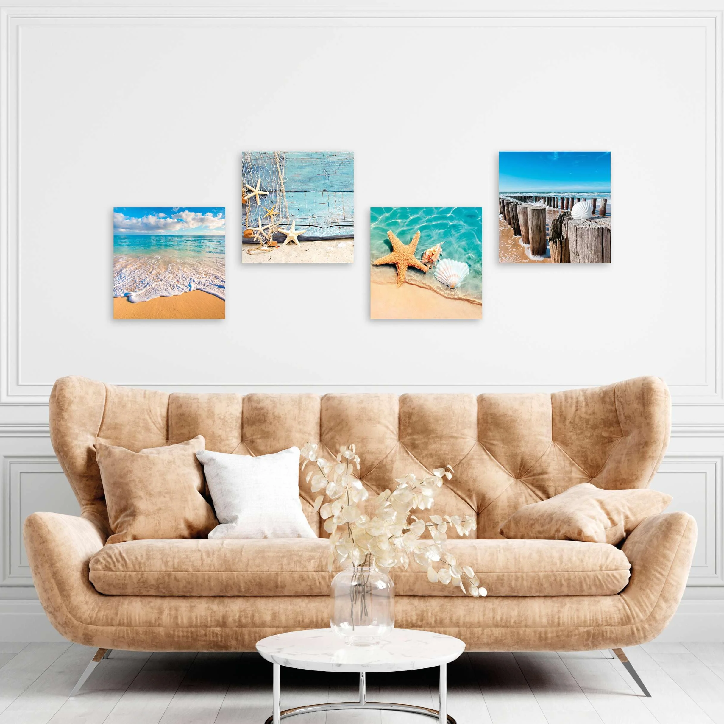 LuxHomeDecor Set di 4 Quadri 30x30 cm - Stampa su Tela con Telaio in Legno - Mare e Spiaggia con Conchiglie, Stelle Marine e Paesaggi Marini Rilassanti
