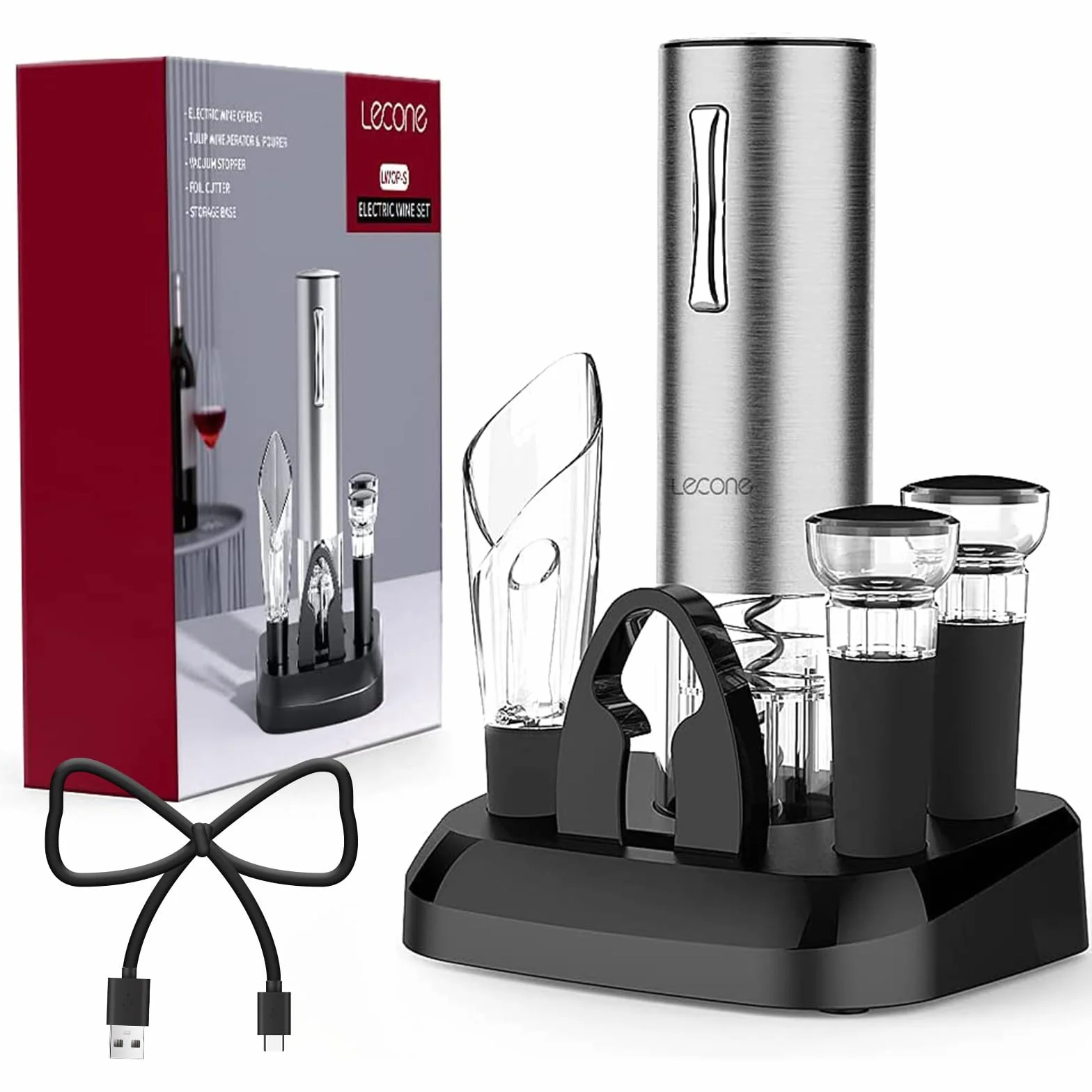 Set Apribottiglie Elettrico 7 In 1, Cavatappi Professionale con Tagliapasta Stagnola, Tappo Vuoto, Versatore USB
