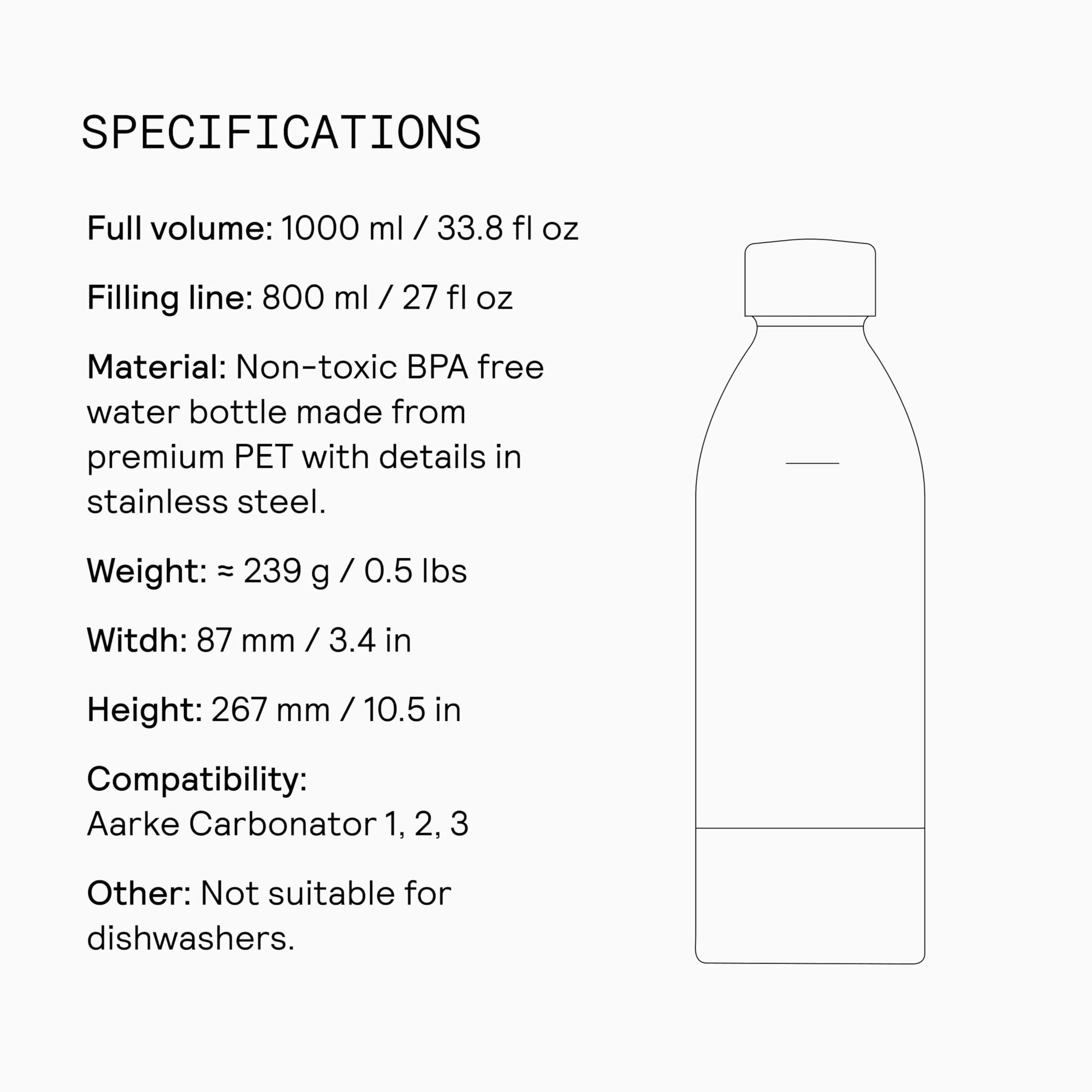 Aarke Carbonator 3 Bottiglie per Gasatore d’acqua 2 Pacchi, 800ml, Acciaio, senza BPA