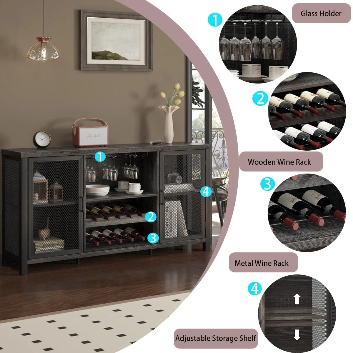 Launica Armadietto da bar per liquori, armadietto industriale per vino, credenza rustica, per liquori e bicchieri, con scaffale, per casa, cucina, sala da pranzo, rovere grigio scuro, 140 cm