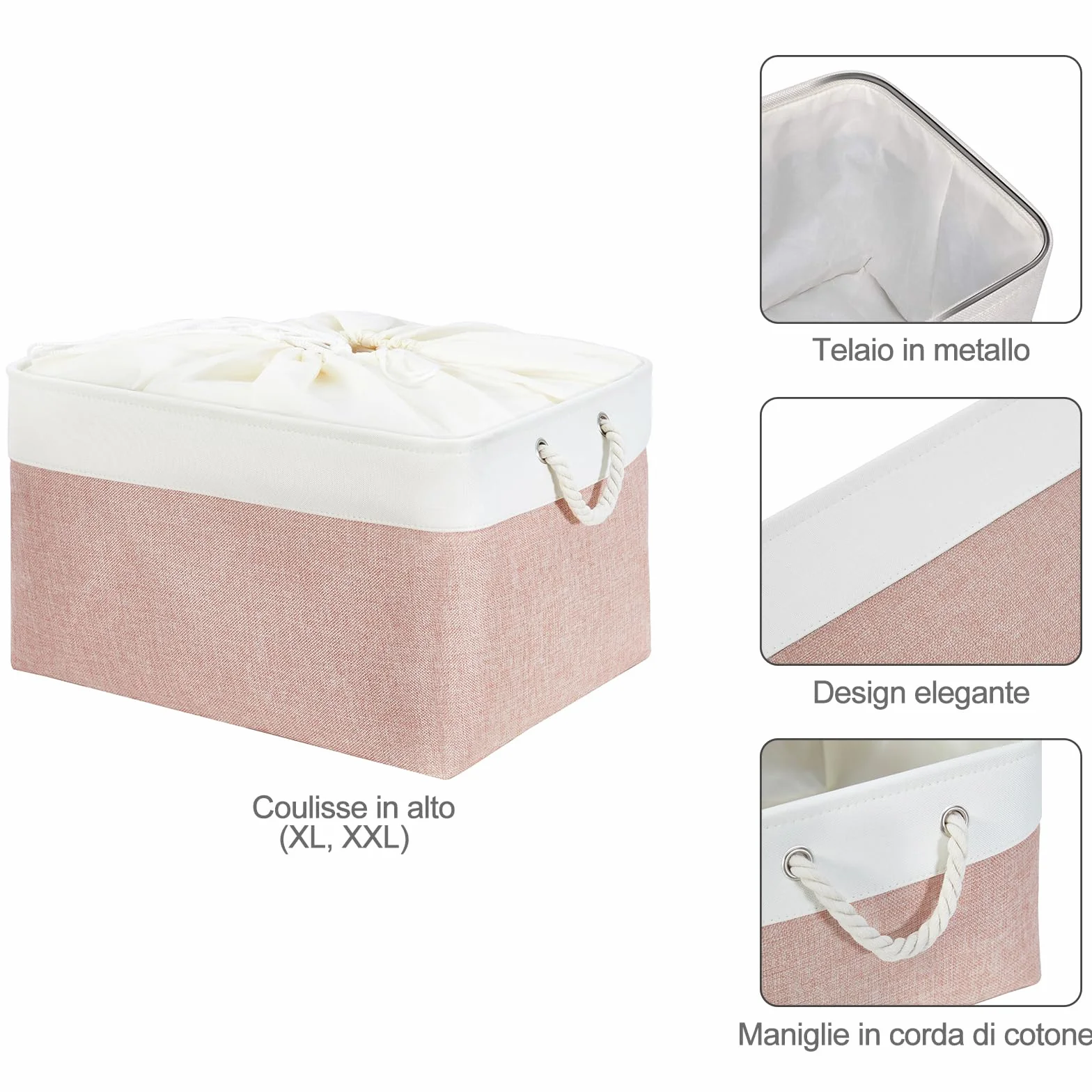Mangata Scatole portaoggetti in tessuto morbido 36x26x18 cm rosa e bianco confezione da 3