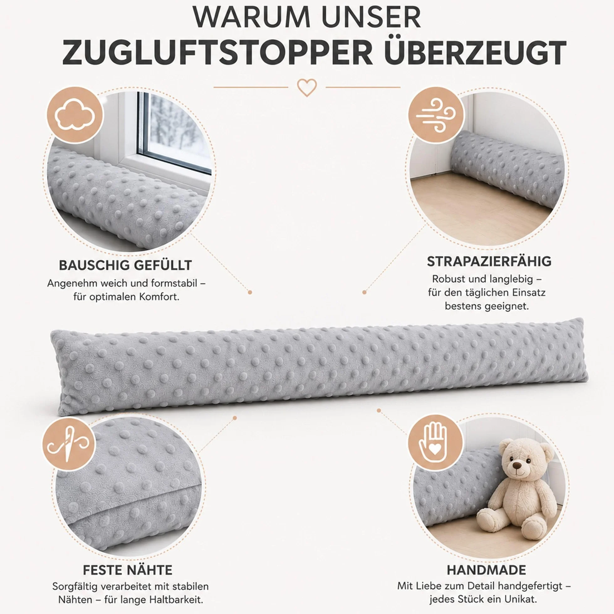 Paraspifferi porta isolante 150 cm - Salsicciotto sottoporta e finestra antivento decorativo Ideale per ingresso casa finestre e cuscino per cameretta bambini Oeko-Tex Beige