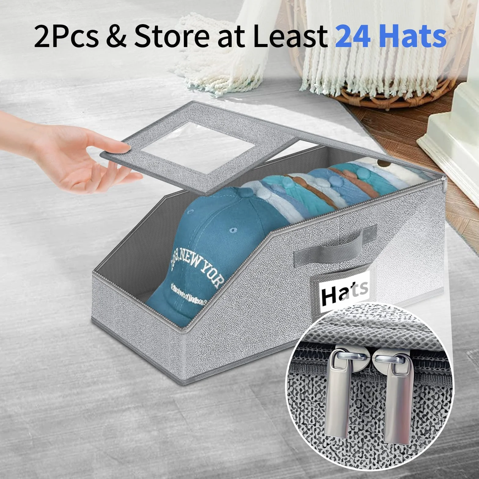 Organizer per cappelli da baseball, 2 pezzi, impilabili, con coperchio trasparente, cassetto e accesso flip-top, scatola per cappelli salvaspazio per armadio, tessuto traspirante, beige