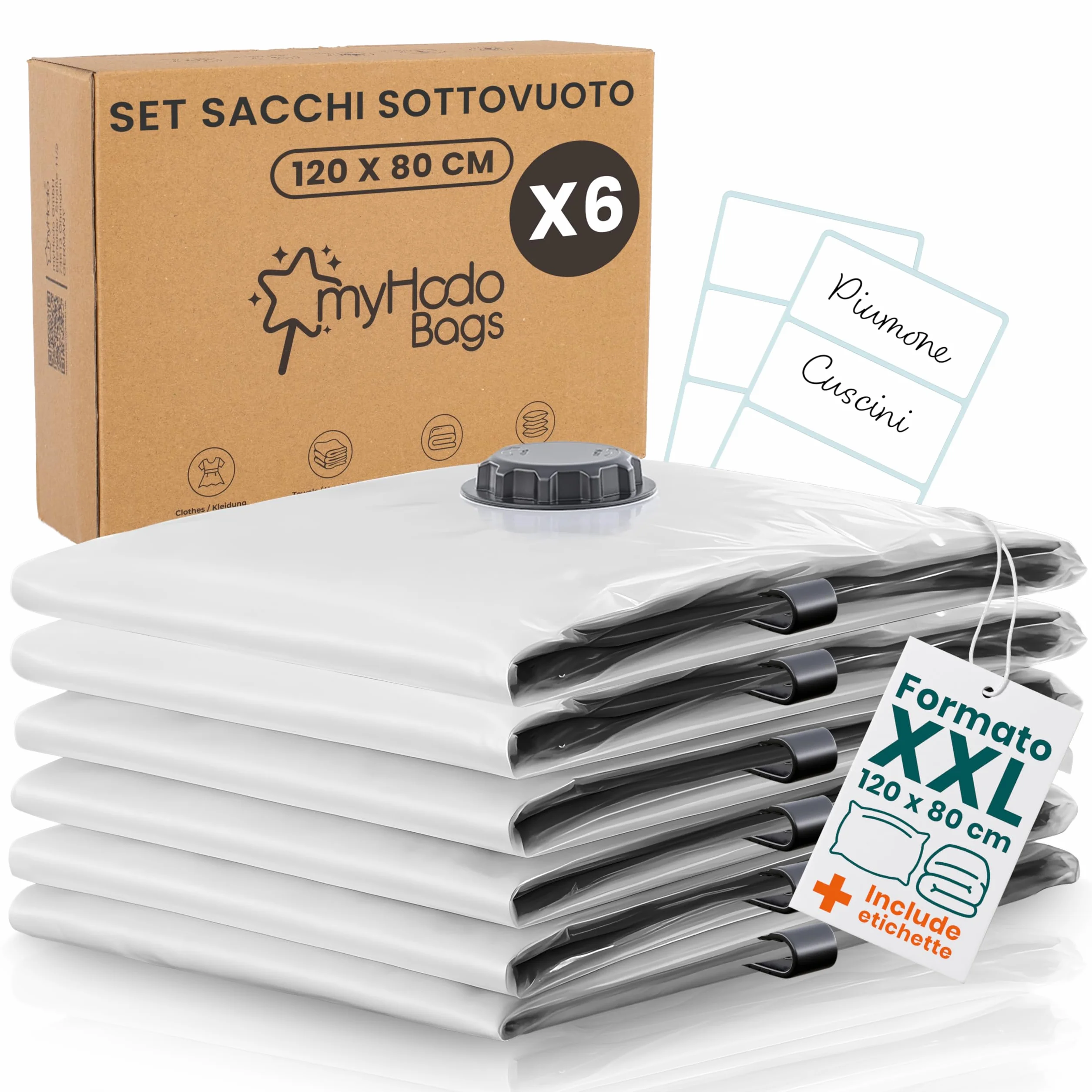 myHodo Sacchetti Sottovuoto XXL 80x120 cm 6 Pezzi Riutilizzabili Doppia Chiusura Ermetica