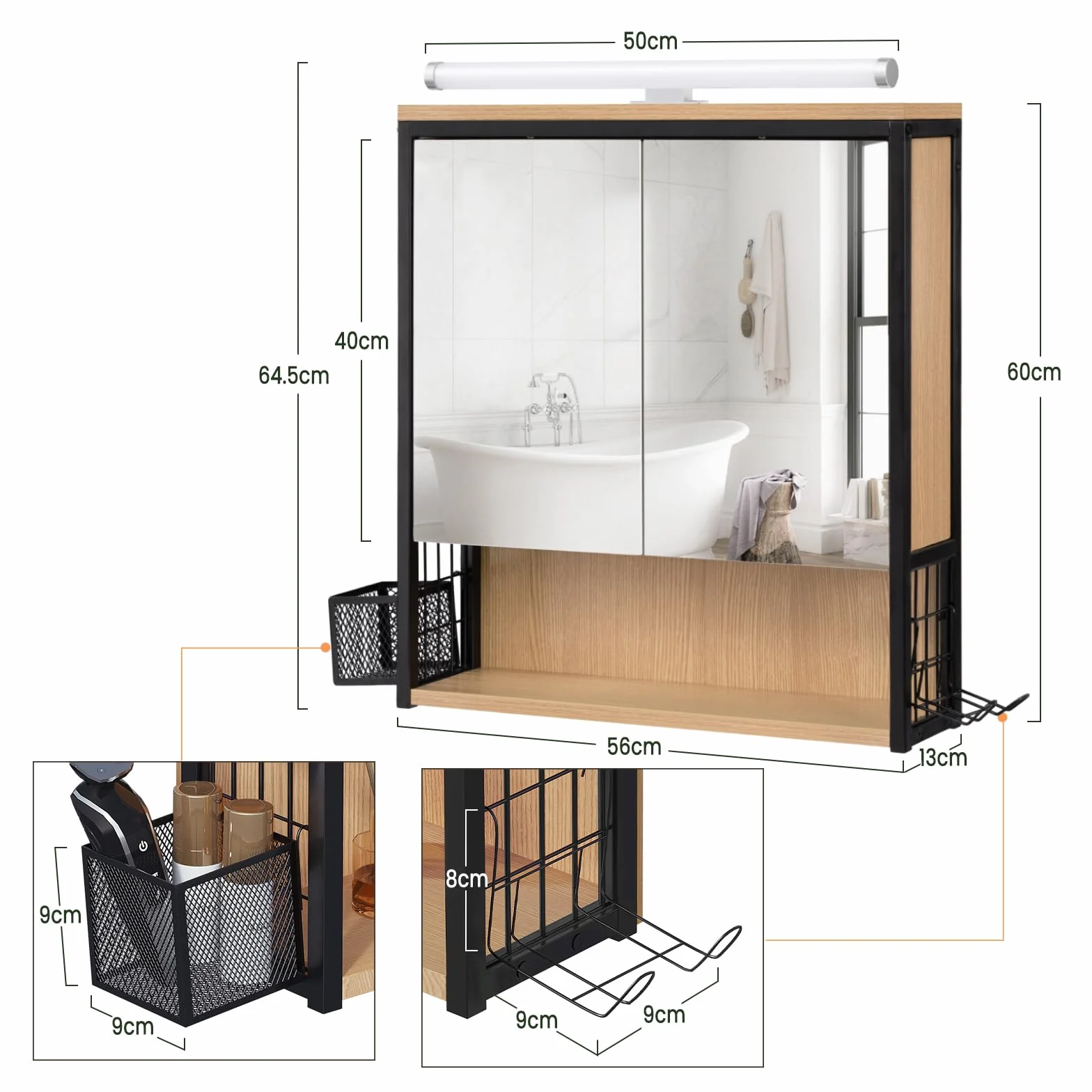 EUGAD Specchio da Bagno con Contenitore e Luci, Pensile da Bagno con 2 Ante, 1 Scomparto Aperto e 2 Vani Chiusi, Ripiano Interno Regolabile, Nero + Rovere, 56x14,5x60 cm