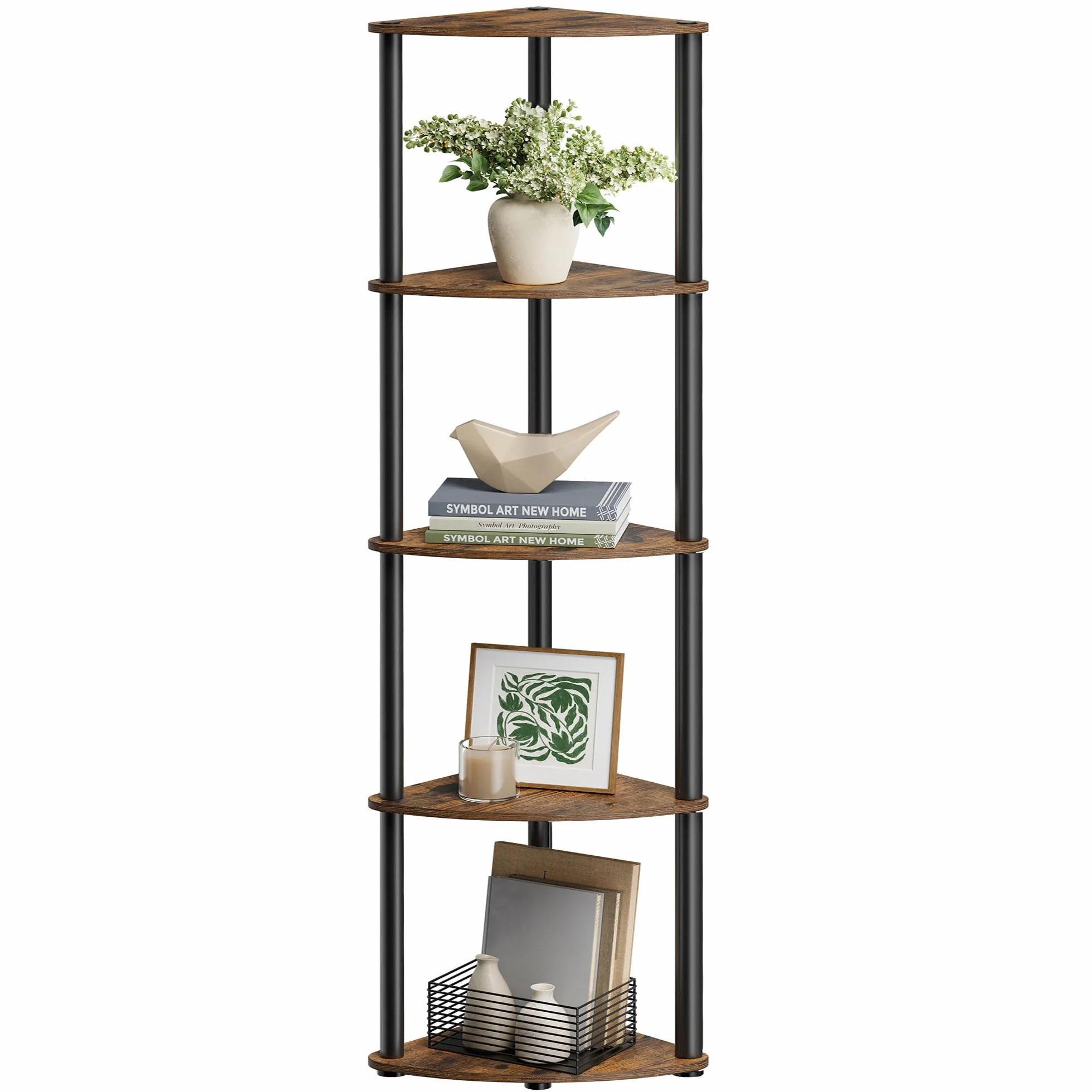 SONGMICS HOME Montaggio Super Veloce Senza Attrezzi, Scaffale Angolare a 5 Ripiani, 38,3 x 27 x 139 cm, Marrone Vintage