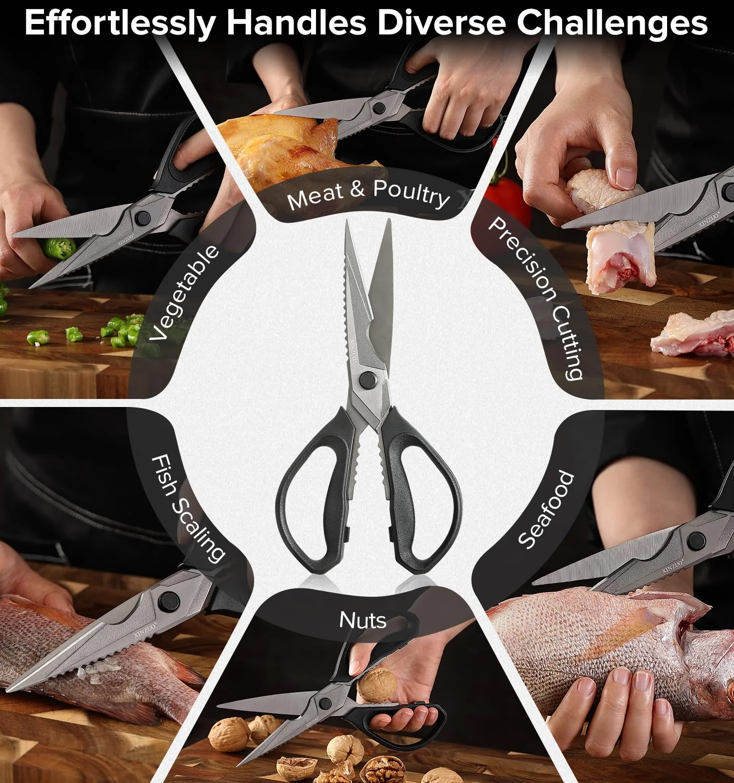 XINZUO Forbici da Cucina Professionali Acciaio Inox Rivestite in Titanio Nero Manico Antiscivolo
