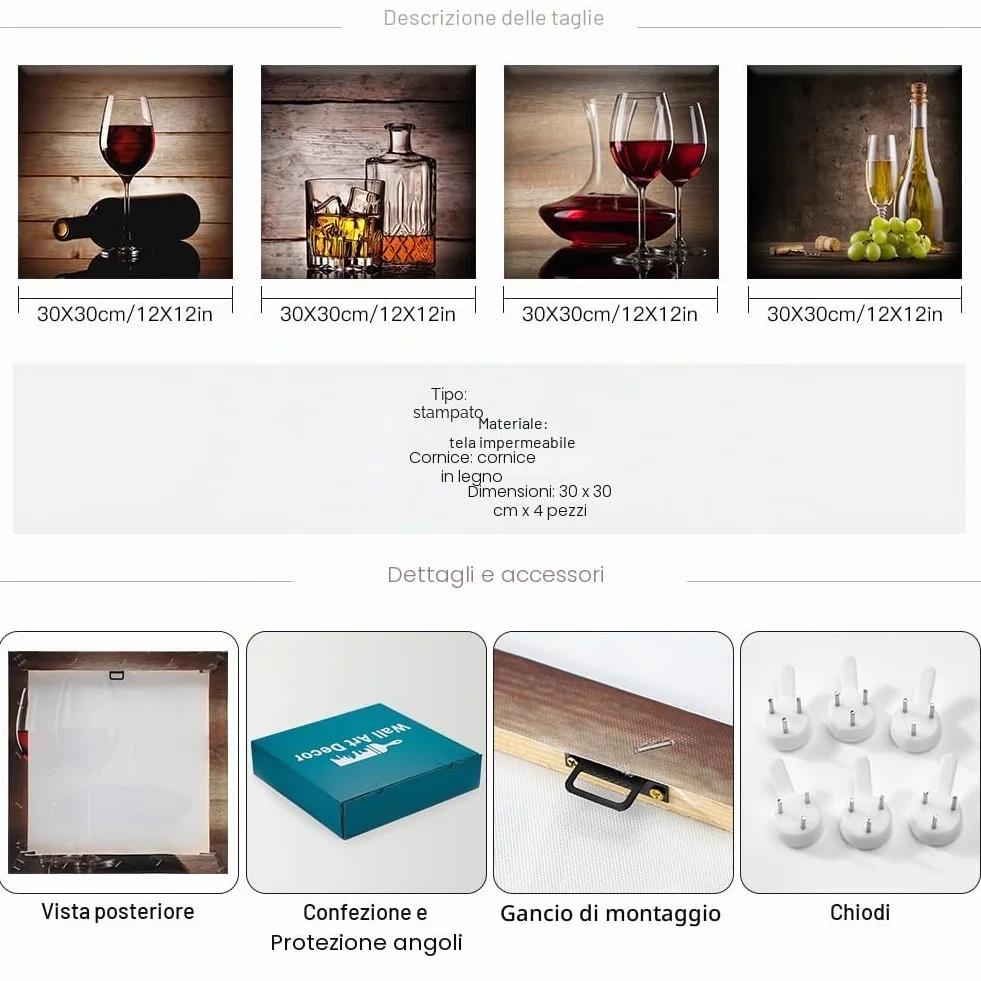 Artscope 4 parti Stampa su tela - Bicchiere da vino rosso, decorazione da parete per camera da letto, dipinti ad olio per casa, bagno, soggiorno, 30 x 30