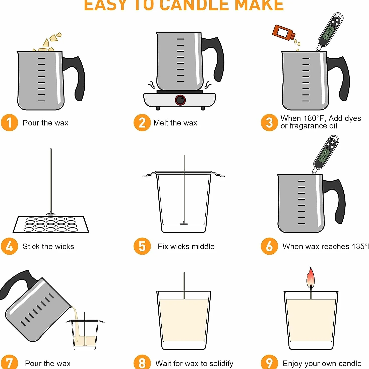 Kit per realizzare candele cera di soia DIY vasetto 900 ml supporto stoppino termometro