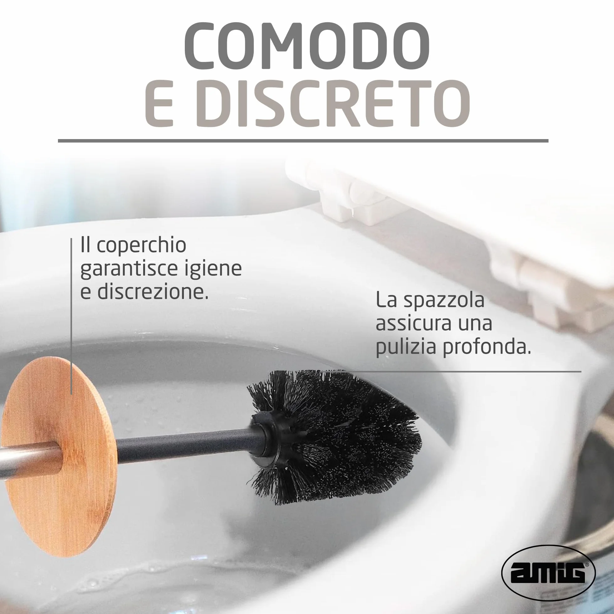Amig Naturline Set Pattumiera e Portascopino Ø168x230 mm Acciaio Bambù Bianco