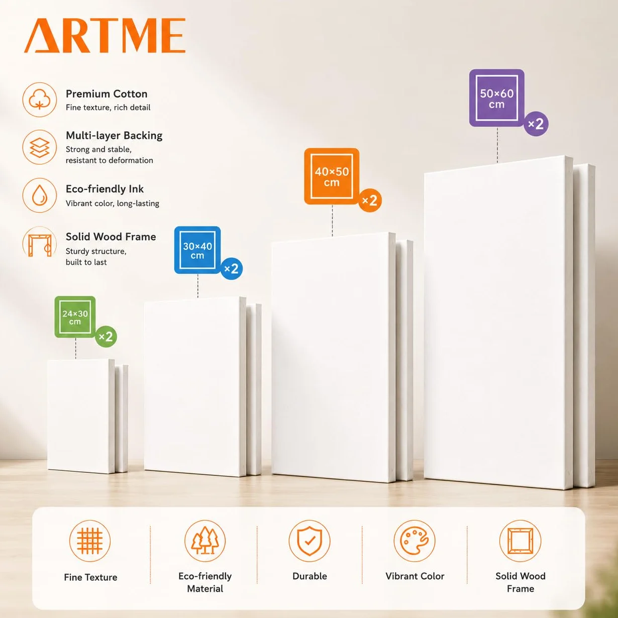 Artme Tela intelaiate 8 pezzi 280GSM 100% cotone bianco grana media per acrilico/olio