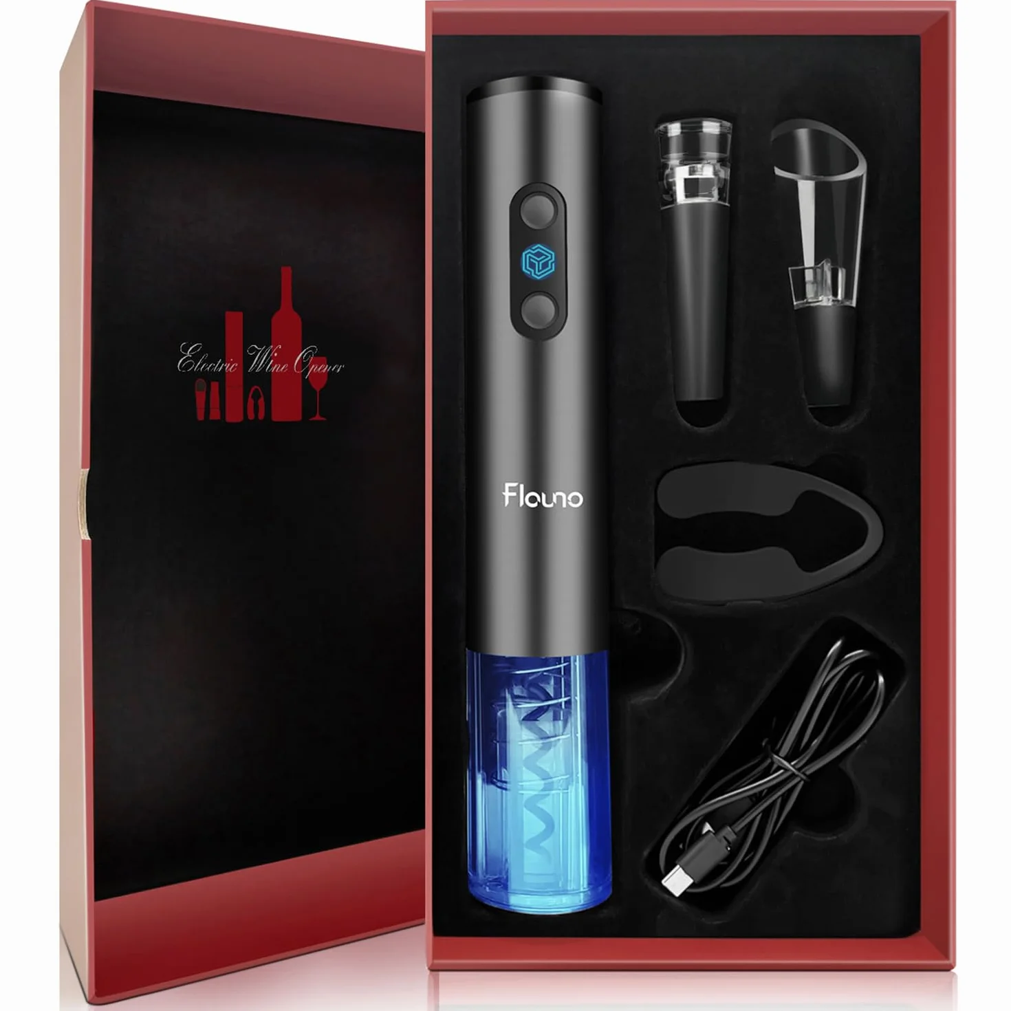 Flauno Cavatappi Elettrico Ricaricabile 6 in 1, Apribottiglie Elettrico Set con Taglia-Capsule, Tappo Sottovuoto per Vino, Aeratore e Versatore per Vino, Cavo USB, Regalo per gli Amanti