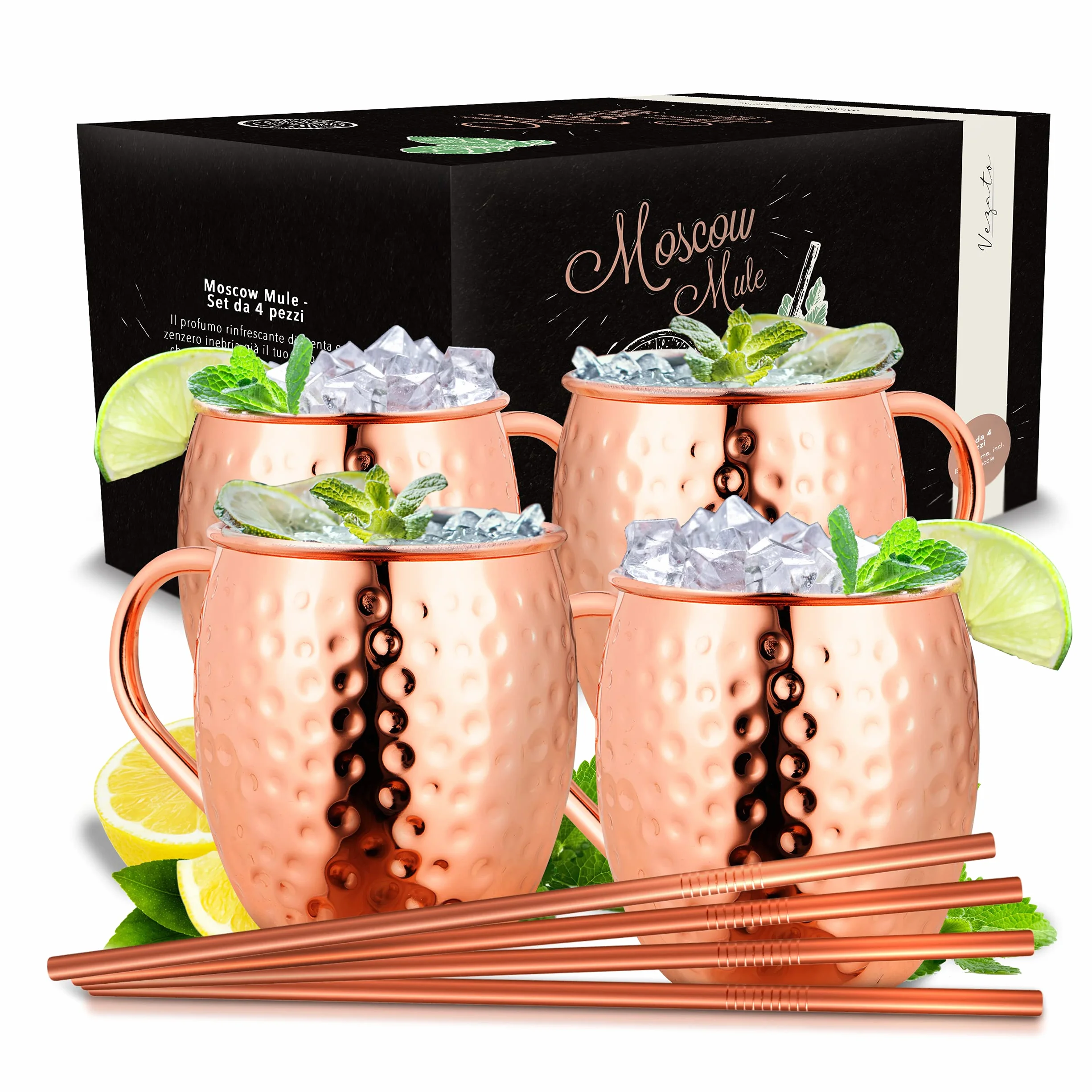 Vezato Moscow-Mule Tazza Rame Martellato Set 4 Pezzi Antiruggine