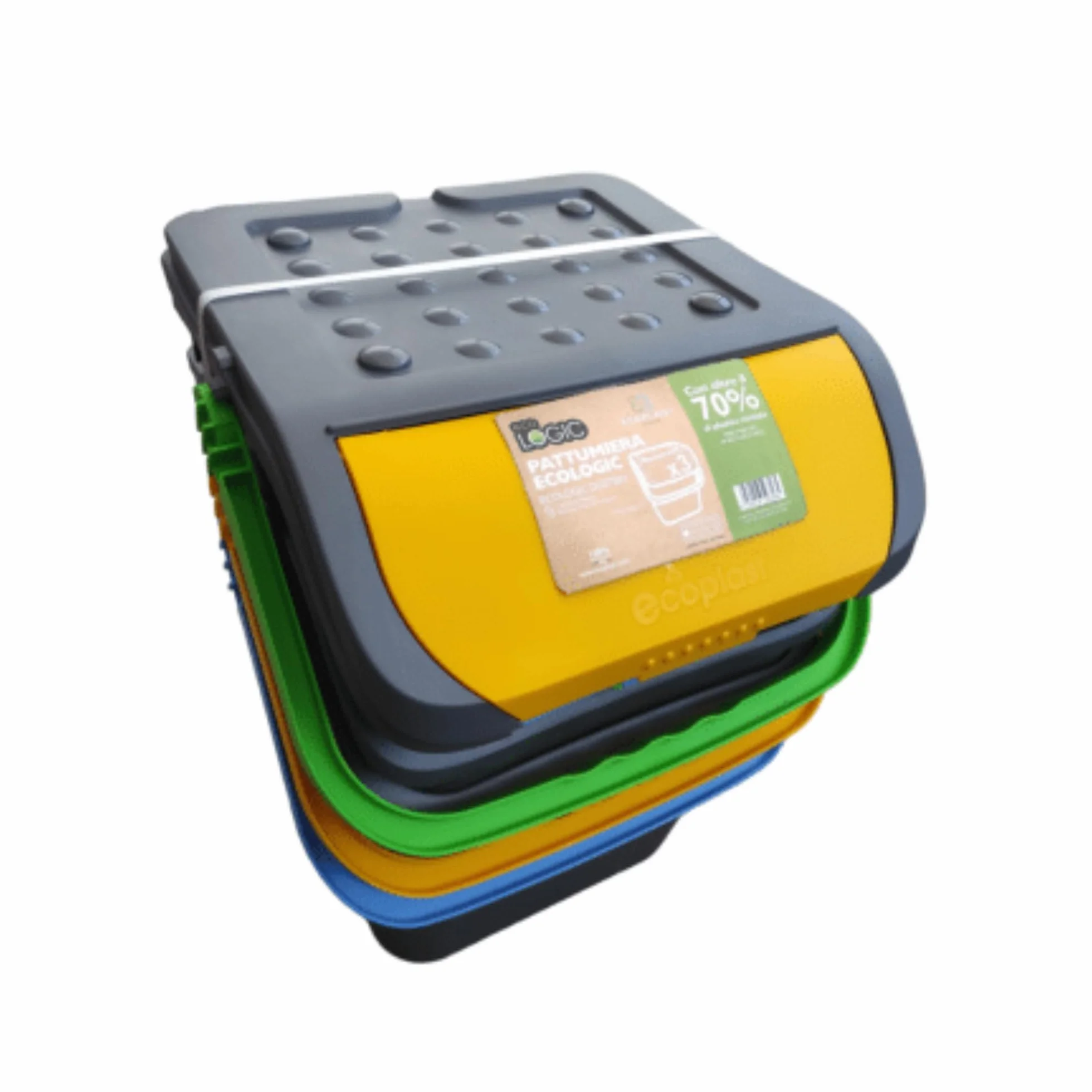 Ecoplast | Tris di Pattumiere per Raccolta Differenziata 35 Lt, Colori Assortiti Giallo/Verde/Blu, 38x36,5x45 , Made in Italy
