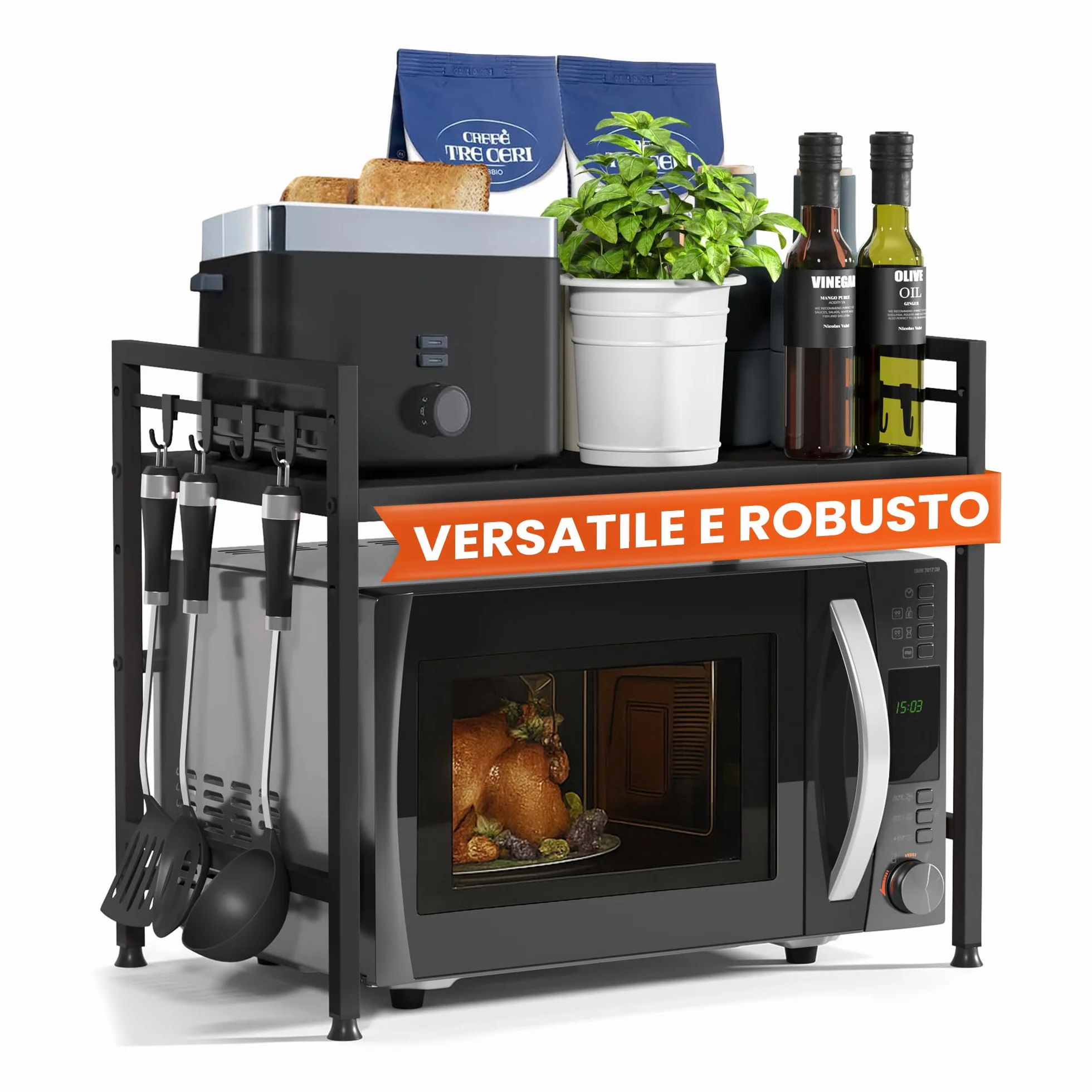 Heldenwunder Mensola Mobile Cucina Salvaspazio Acciaio 2 Ripiani Organizer Forno Mobiletto Supporto Microonde Regolabile Nero