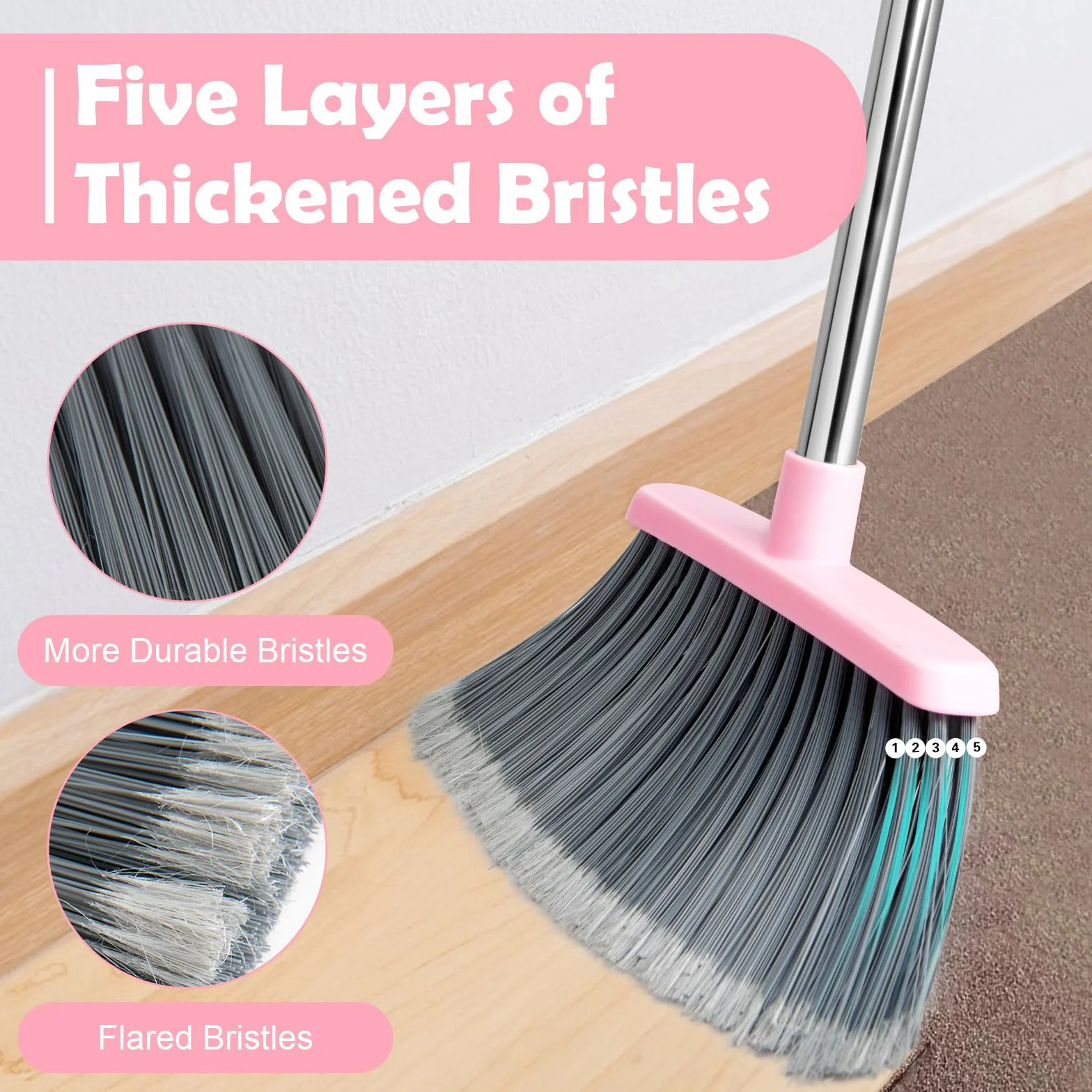 Set di scope e paletta con manico lungo, scopa con paletta, set con manico estraibile, paletta Broom and Dustpan, per la pulizia della casa, ufficio (grigio-rosa)