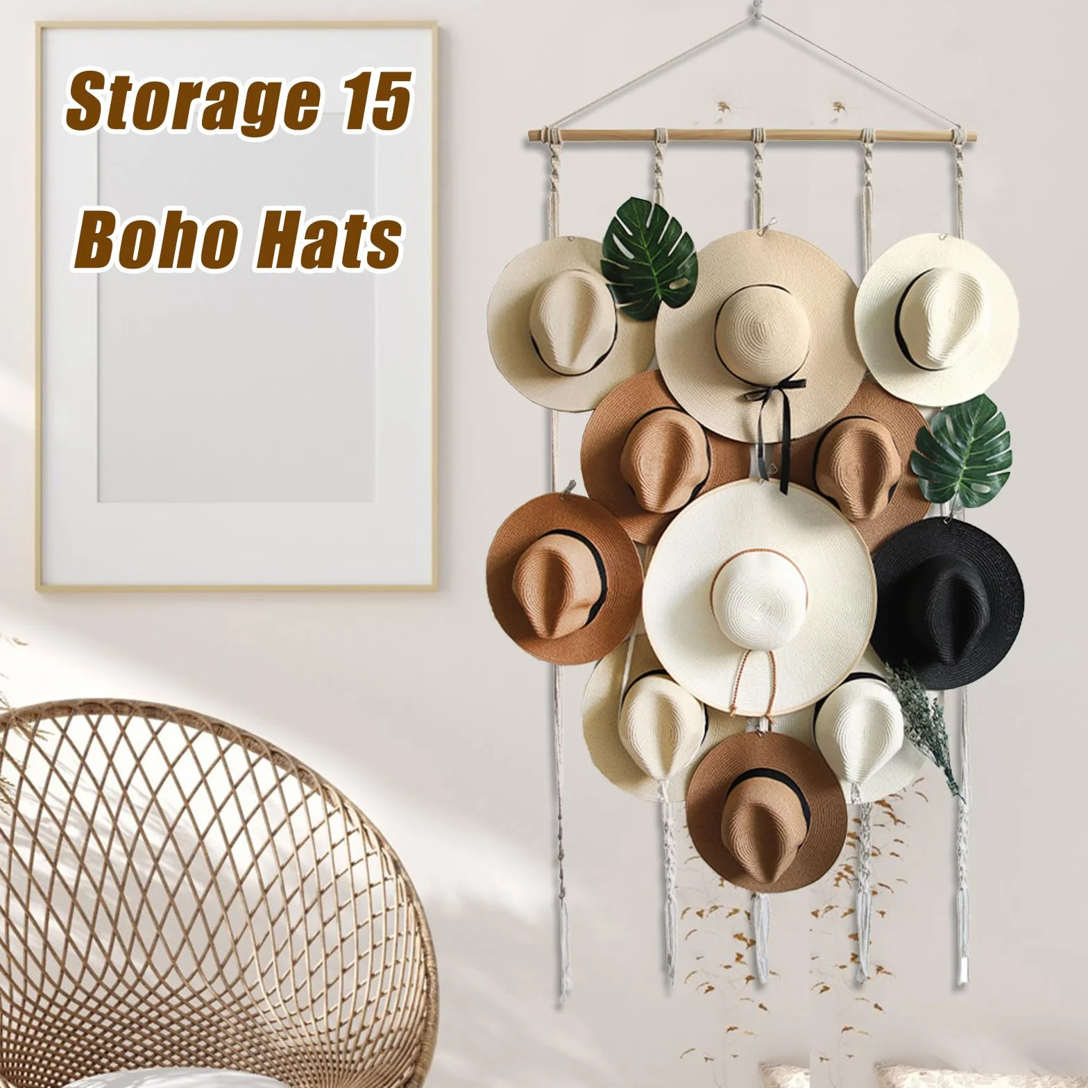 JOJOCY Porta cappelli da parete con 12 clip, organizer boho per cappelli Fedora, cowboy, tesa larga 155x80 cm