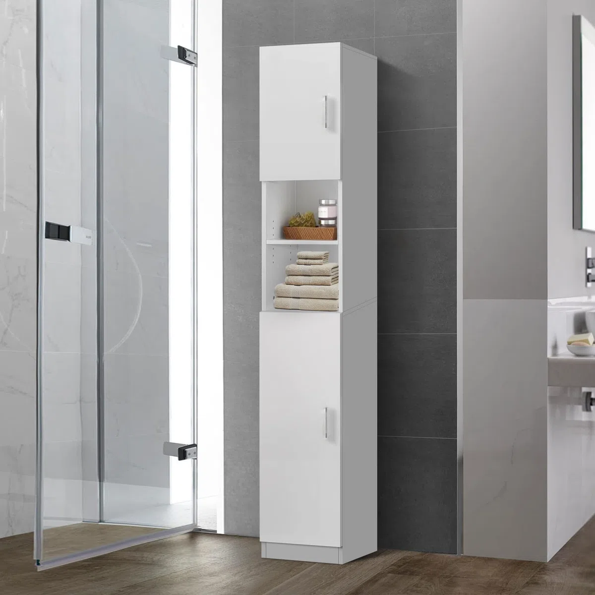 ML-Design Armadietto Alto Mobiletto Verticale da Bagno a Terra Salvaspazio 30 x 190 x 25 cm con 6 Ripiani e 2 Ante, Spazio di Stoccaggio Organizer a Colonna Portaoggetti Multiuso in MDF Bianco