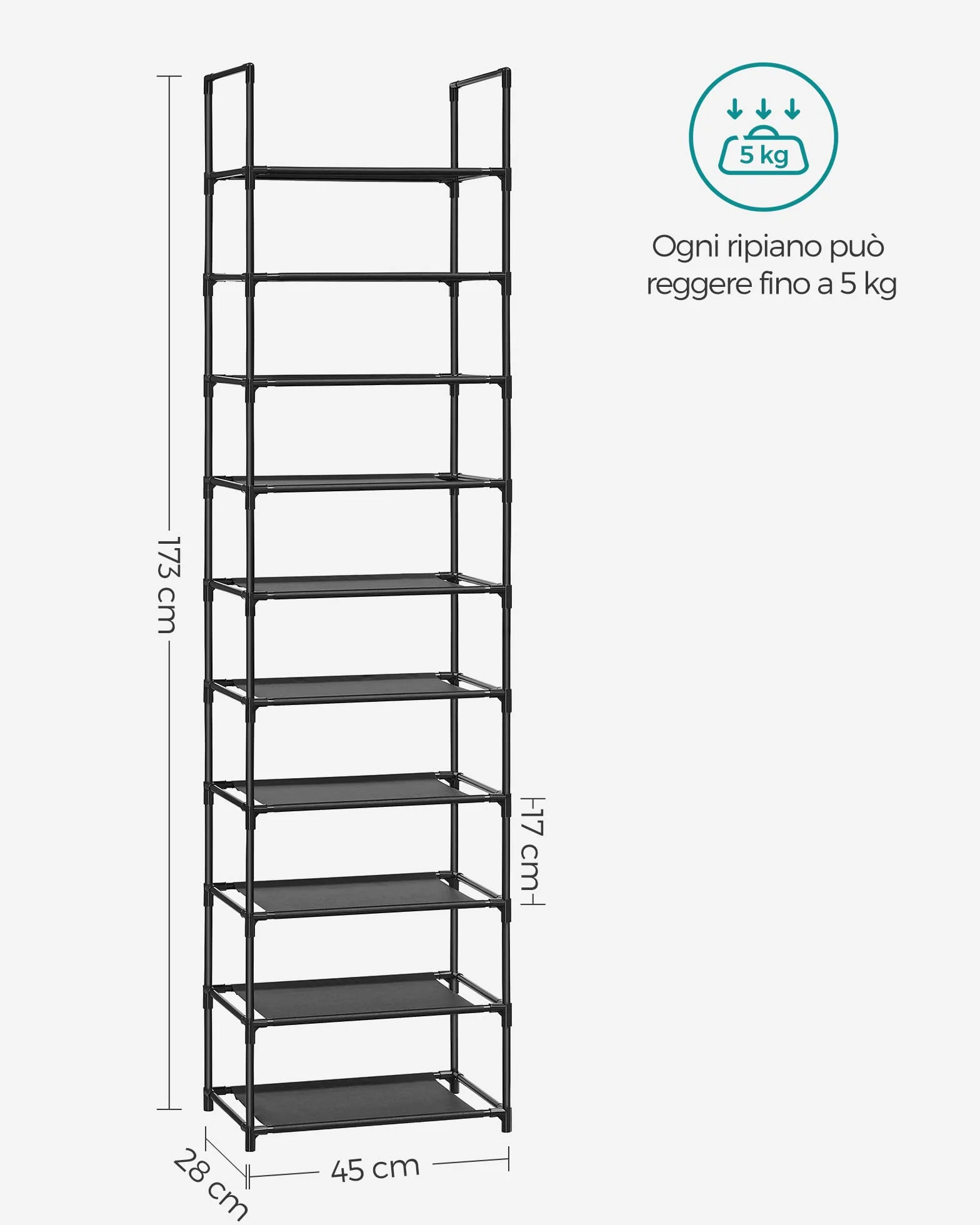 SONGMICS Scarpiera 10 Ripiani Scaffale Portascarpe 28 x 45 x 173 cm Telaio in Metallo Nero