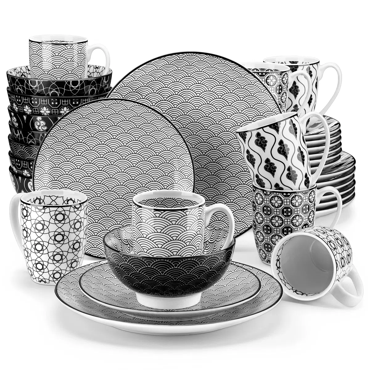 vancasso Haruka, Servizio Piatti Colorati 8 Persone Set 32 Pezzi Stile Giapponese Nero in Porcellana con Piatti frutta, Tazza da Tè, Piatti Piano Scodella Colazione