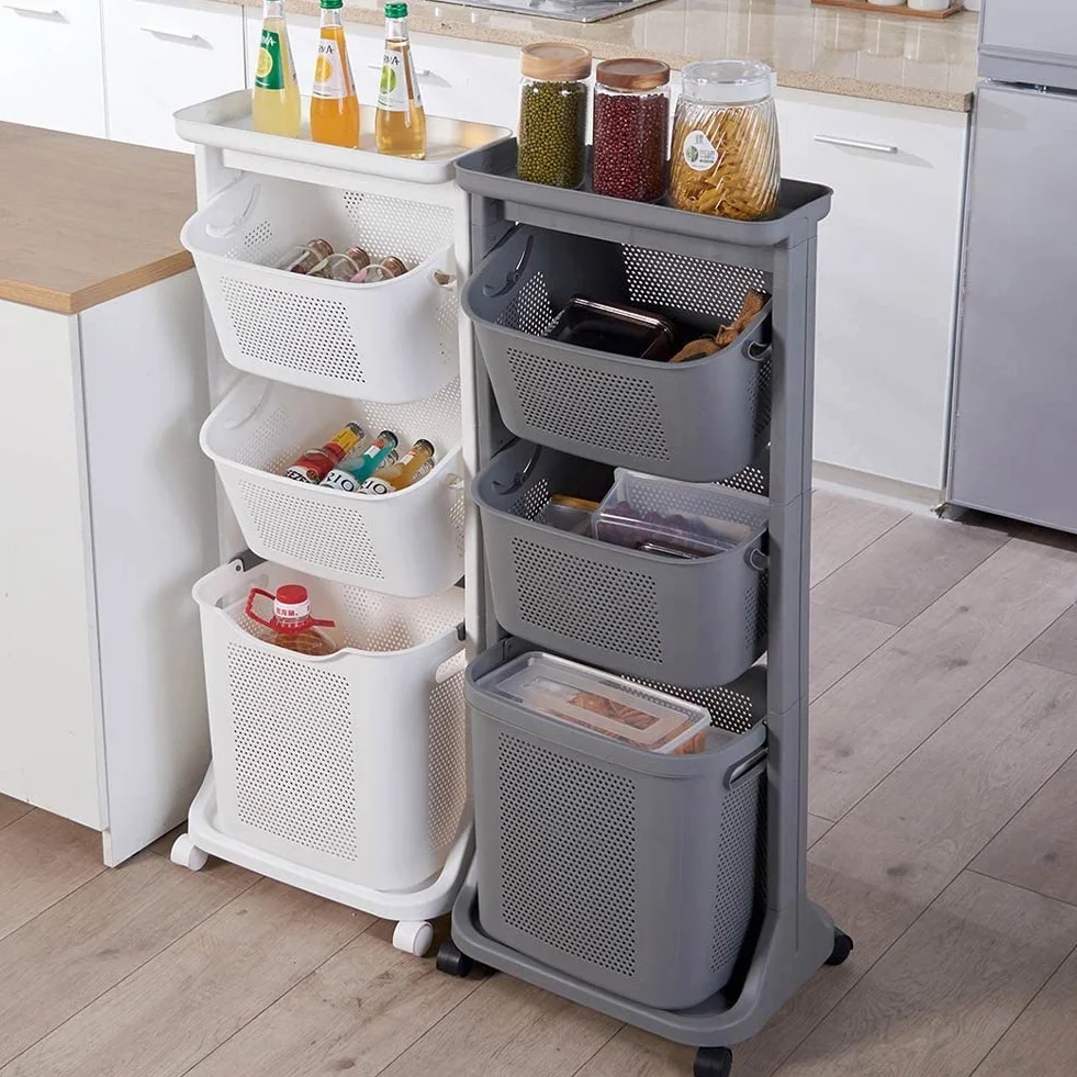 Shally Dogan Carrello Portabiancheria 3 Ripiani Multifunzione, 3 Litri di Capienza, Carrellino Salvaspazio, 1 Cesta Estraibile e 2 Cestelli Basculanti, 4 Ruote Girevoli a 360° (Grigio)
