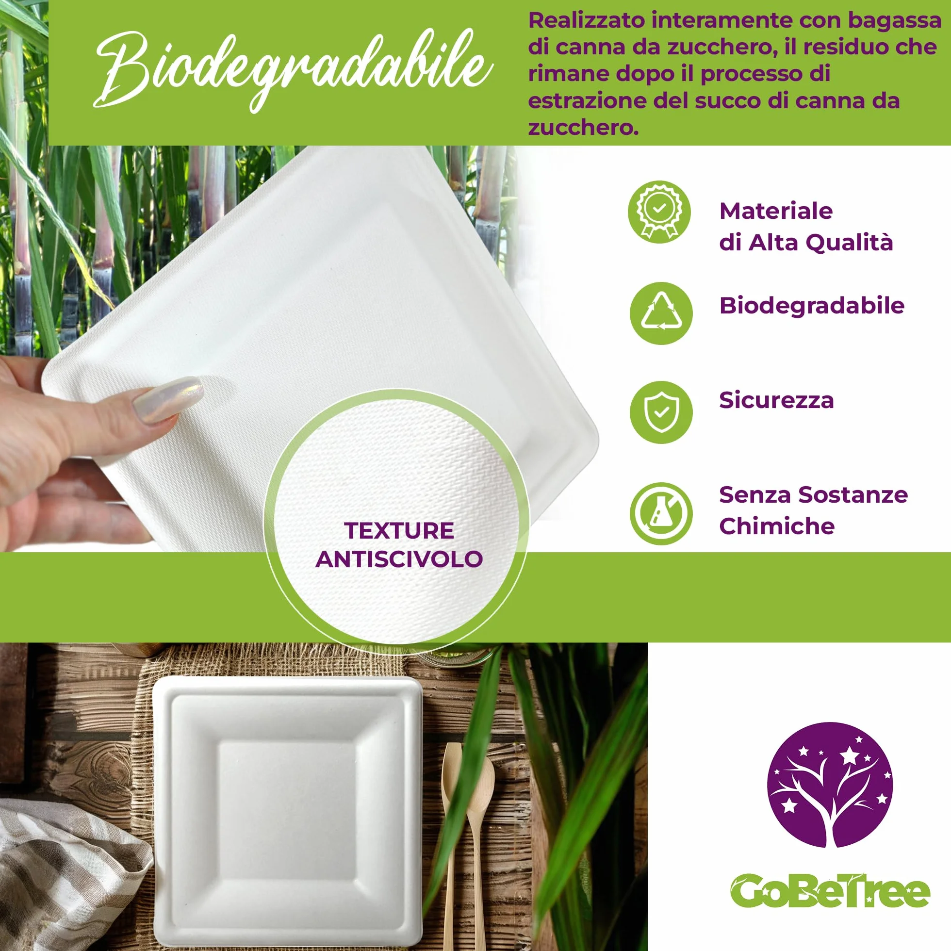 GoBeTree 100 piatti quadrate in canna da zucchero 20 cm bianchi monouso extra resistenti