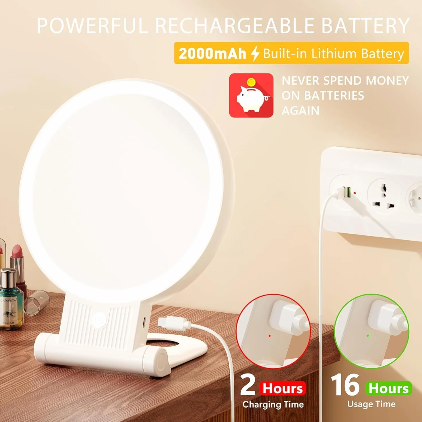 Auxmir Specchio Trucco con Luci LED, Specchio Ingranditore 30X/1X a Doppio Lato, Luminosità Regolabile a 3 Colori, Specchio da Tavolo Pieghevole con Foro per Appendere, Ricaricabile e Portatile