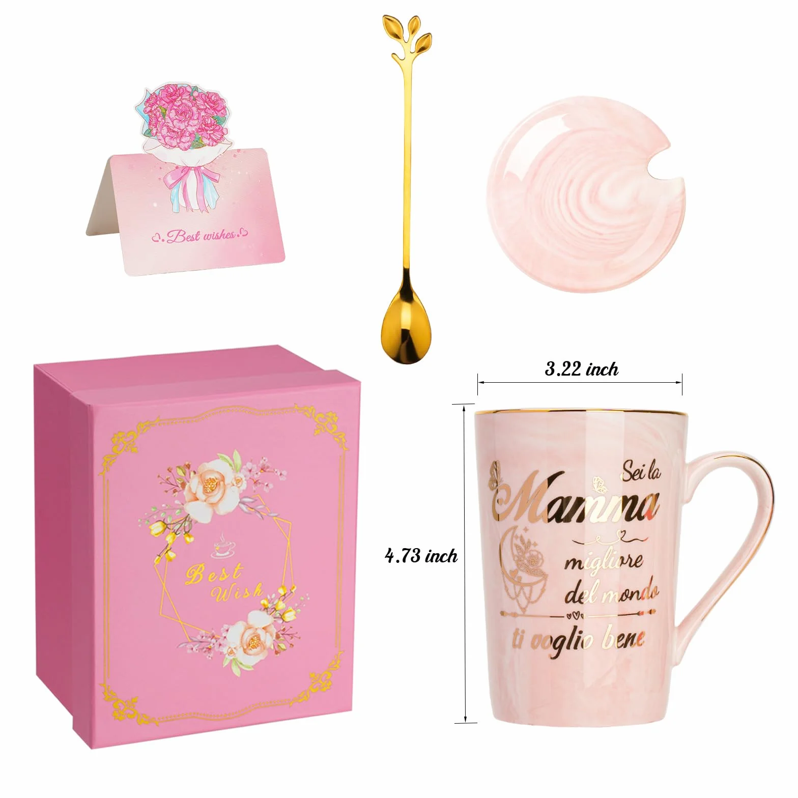 Tazza 400ml Ceramica Marmorizzata Rosa Regalo Mamma Compleanno Natale con Coperchio e Cucchiaio