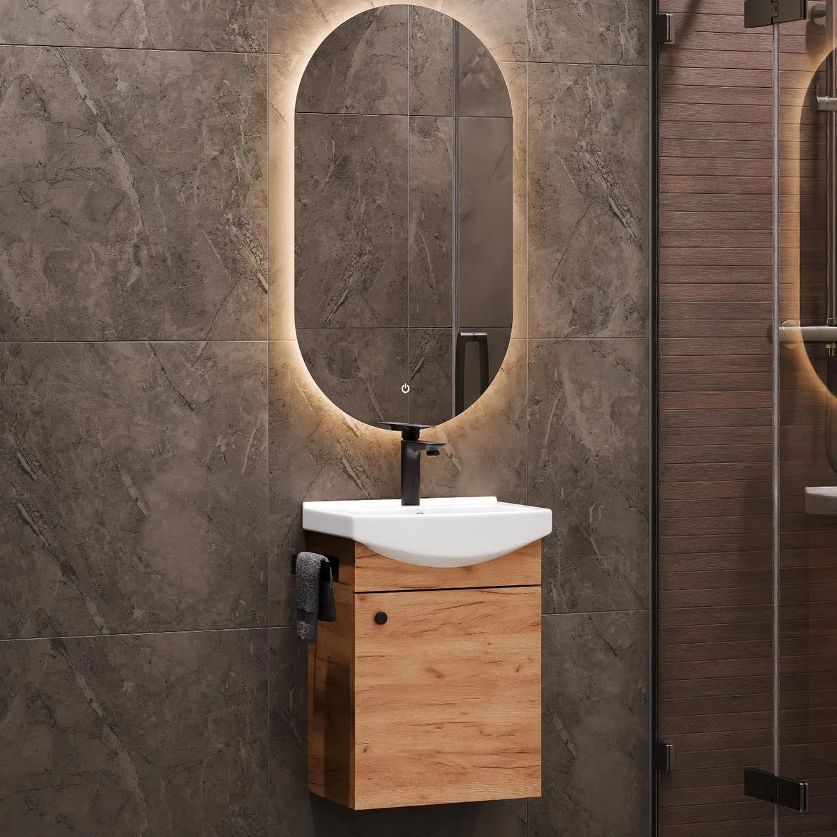 Planetmöbel Set di mobili da bagno lavabo con mobiletto 45 x 60 x 33 cm, specchio con illuminazione 50 x 90 cm per WC ospiti, rovere oro