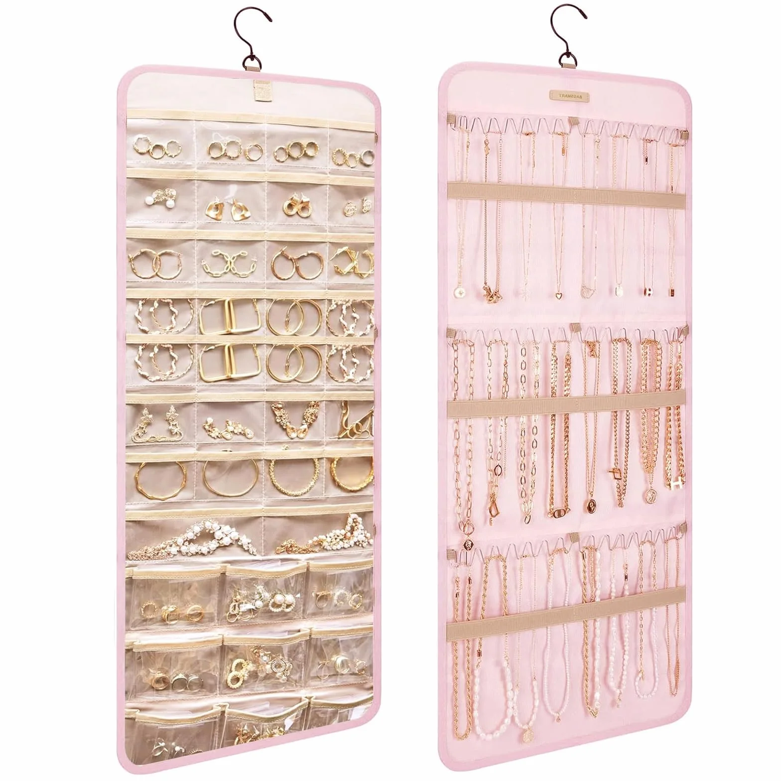 Hanging Jewelry Organizer per Armadio con 39 Scomparti e 3 Ganci Rosa