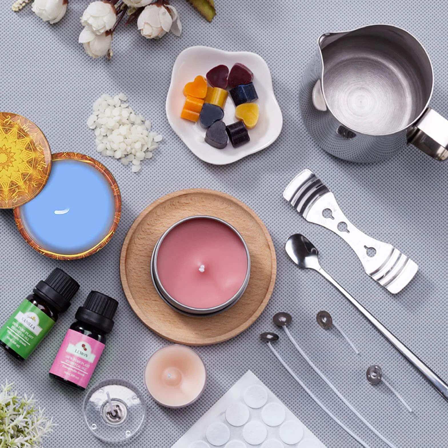 Zestaw do produkcji świec z wosku sojowego DIY, 4 pakiety wosku, 8 foremek, 80 knotów, 1 łyżka