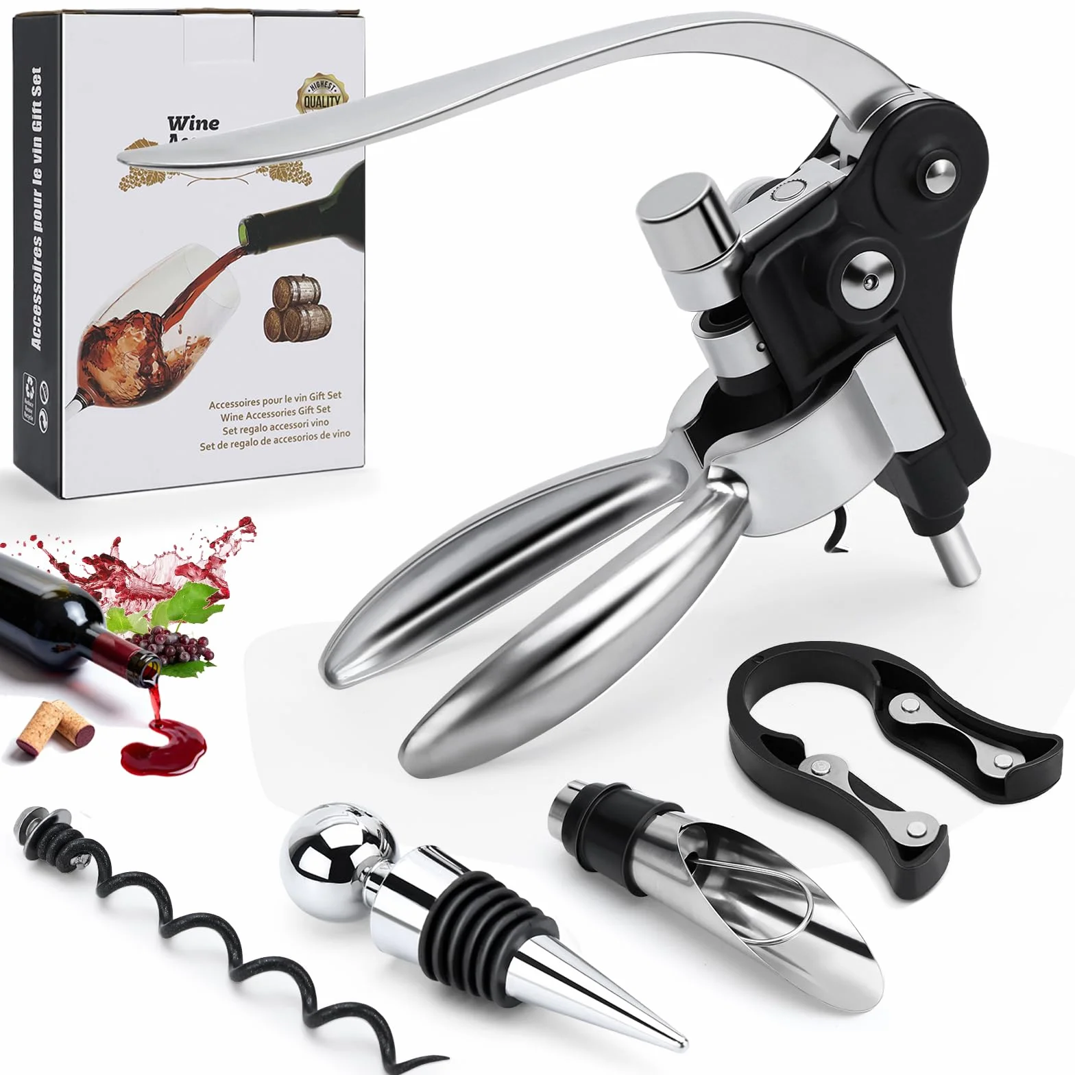 Set di 5 cavatappi premium cavatappi a leva, versatore vino, tappo sottovuoto, tagliacapsule spirale intercambiabile