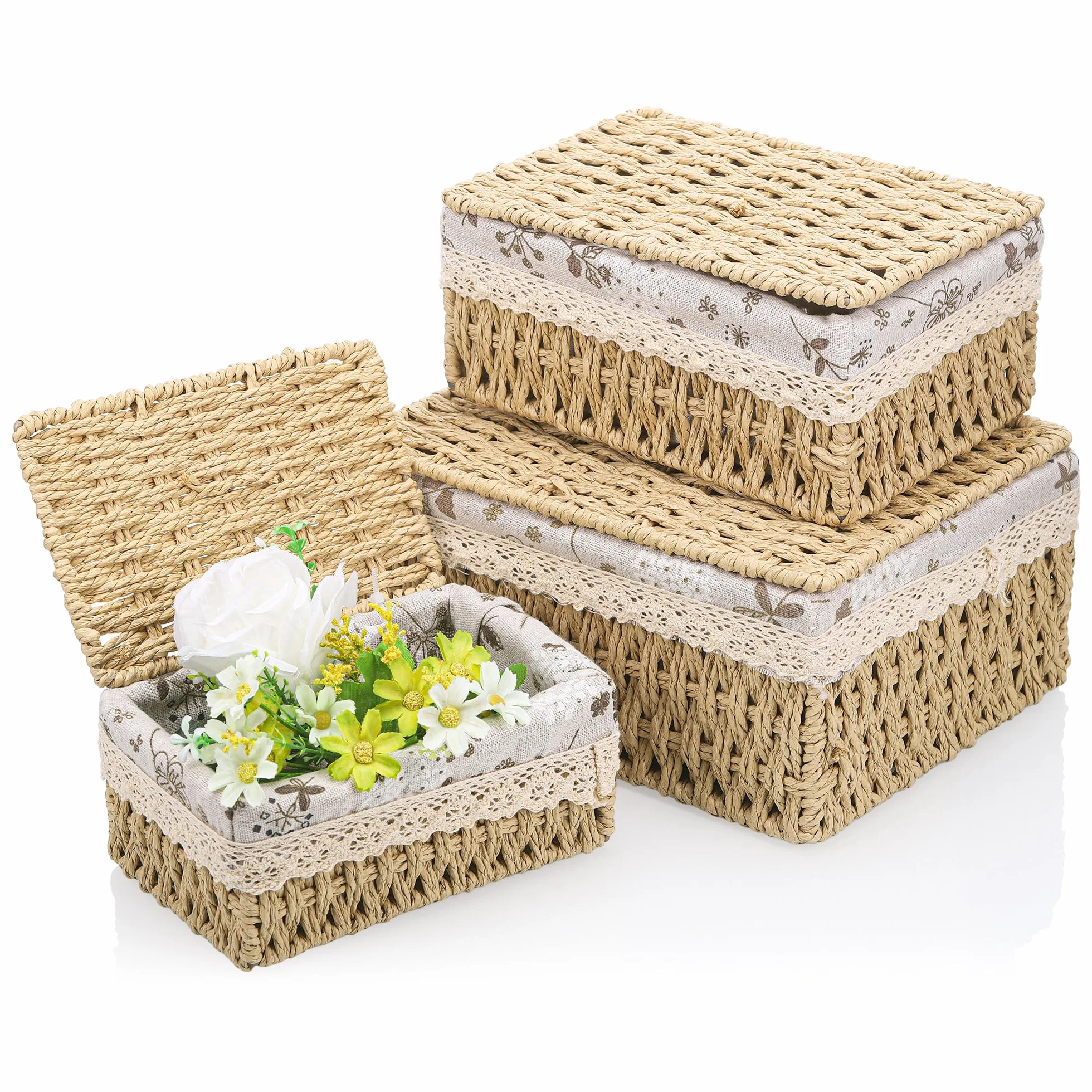 Starvortex Set di 3 Cestini Portaoggetti con Coperchio, Vimini Intrecciato a Mano, Lavabili, per Cucina e Bagno