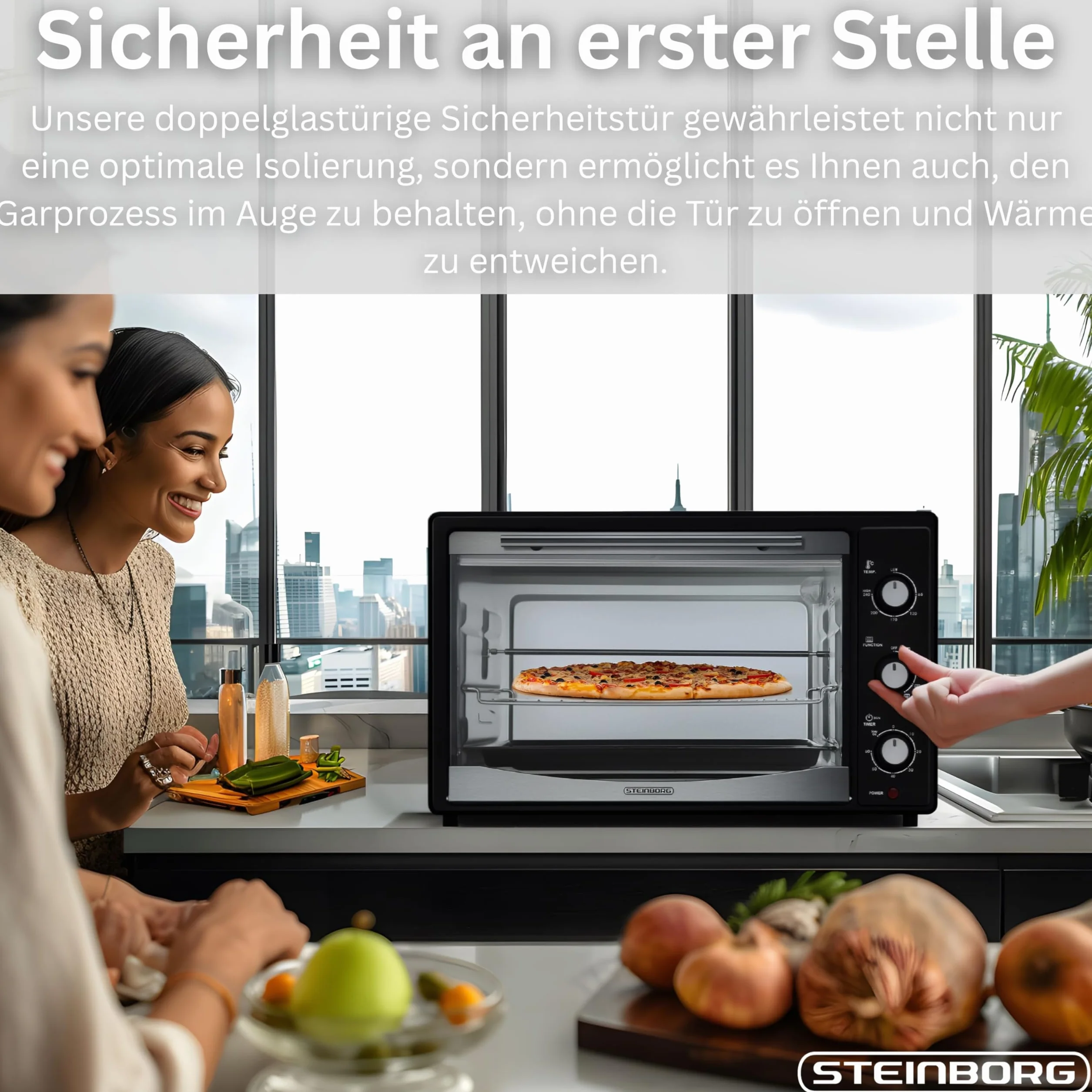 Steinborg Mini forno elettrico, 45 l, con calore girevole e girarrosto, mini forno a convezione, girarrosto, 1800 W, forno per pizza, forno per pizza, con illuminazione interna, piano cottura e