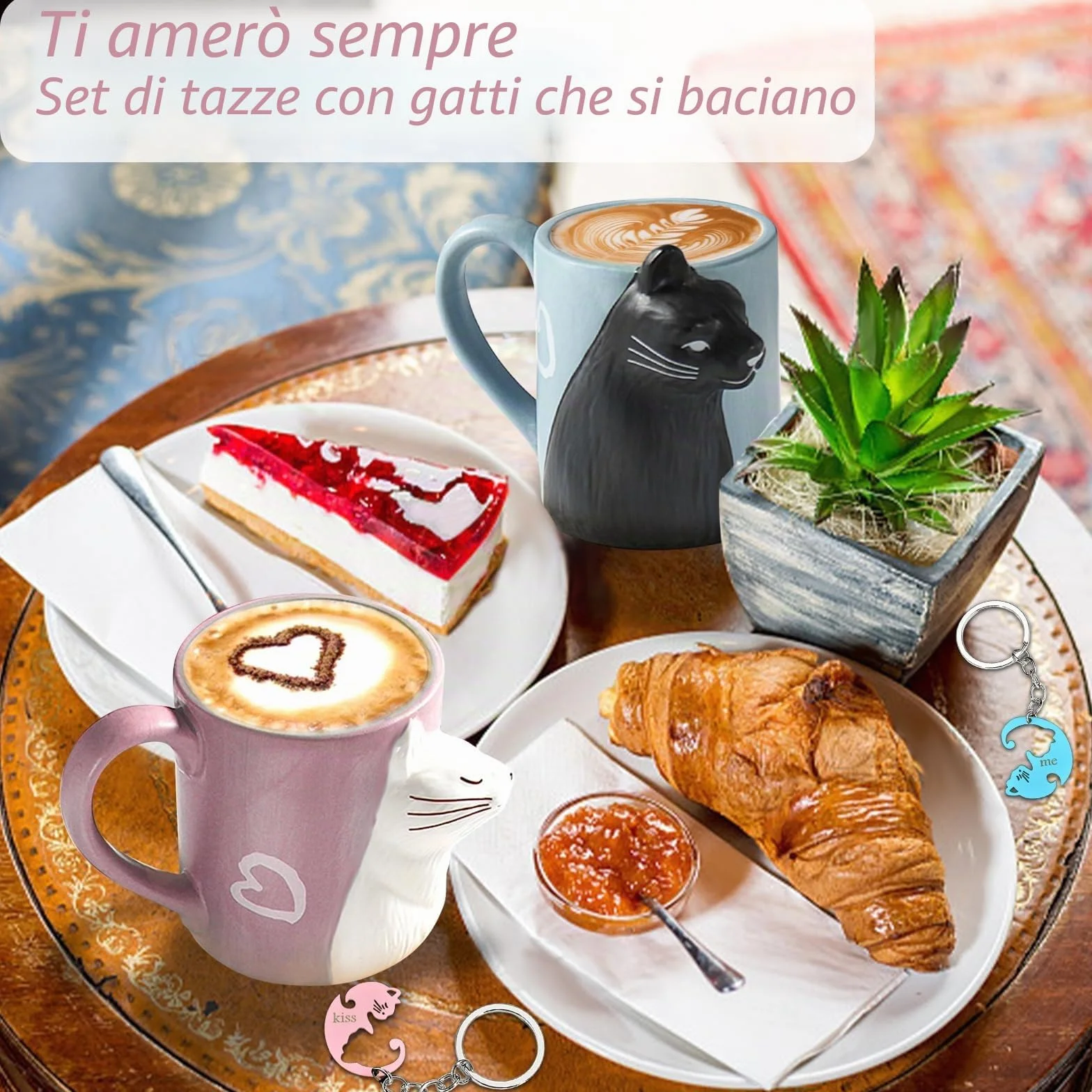 Set tazze da tè divertenti gatti regalo nozze sposi bacio anniversario