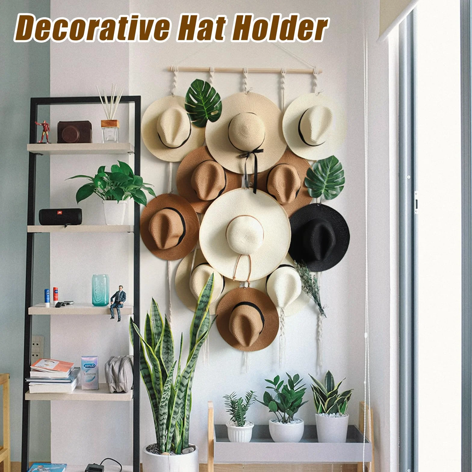 JOJOCY Porta cappelli da parete con 12 clip, organizer boho per cappelli Fedora, cowboy, tesa larga 155x80 cm