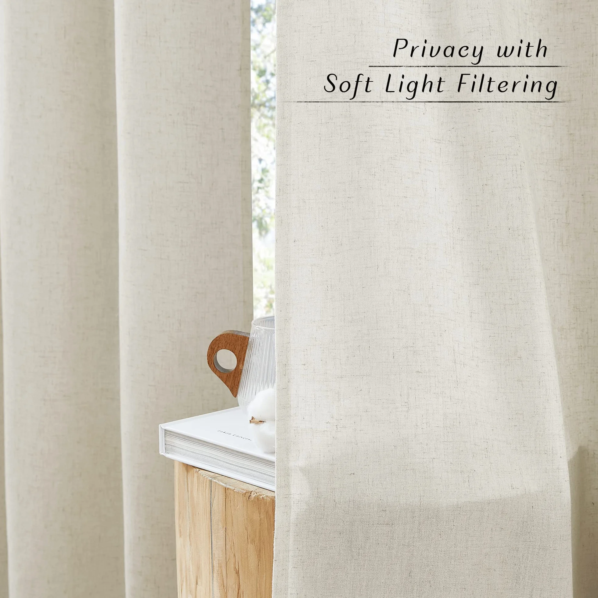 PONY DANCE Tende Lino per Interni con Anelli 2 Pezzi L 140 x A 260 CM Tende Camera da Letto Semitrasparenti Filtro Luce Linen Curtains con Privacy ed Estetica Elegante, Beige