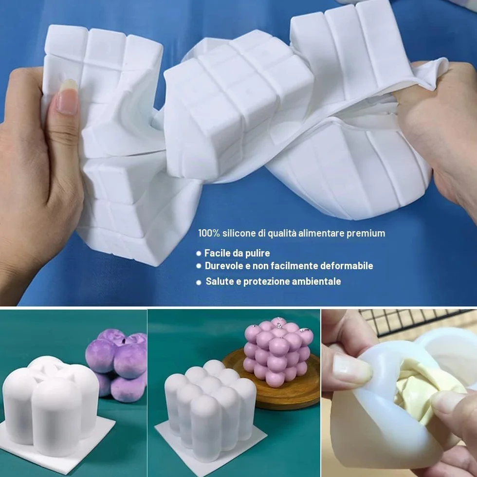 Stampi in Silicone Rosa per Candele Cubo a Bolle 3D, Set da 6 con 100 Stoppini e Porta Stoppino